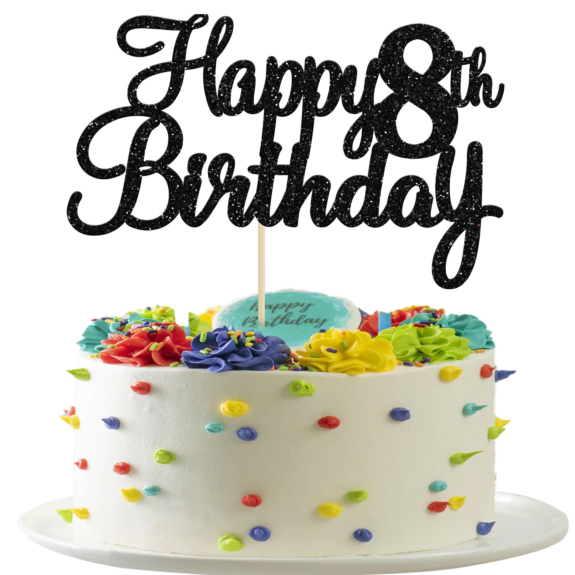 Gyufise 1Pc Black Happy 8th Birthday Cake Topper Glitter Cheers to 8 Years Old Eight Fabulous Cake Decorations for 8th Birthday Theme Party Supplies