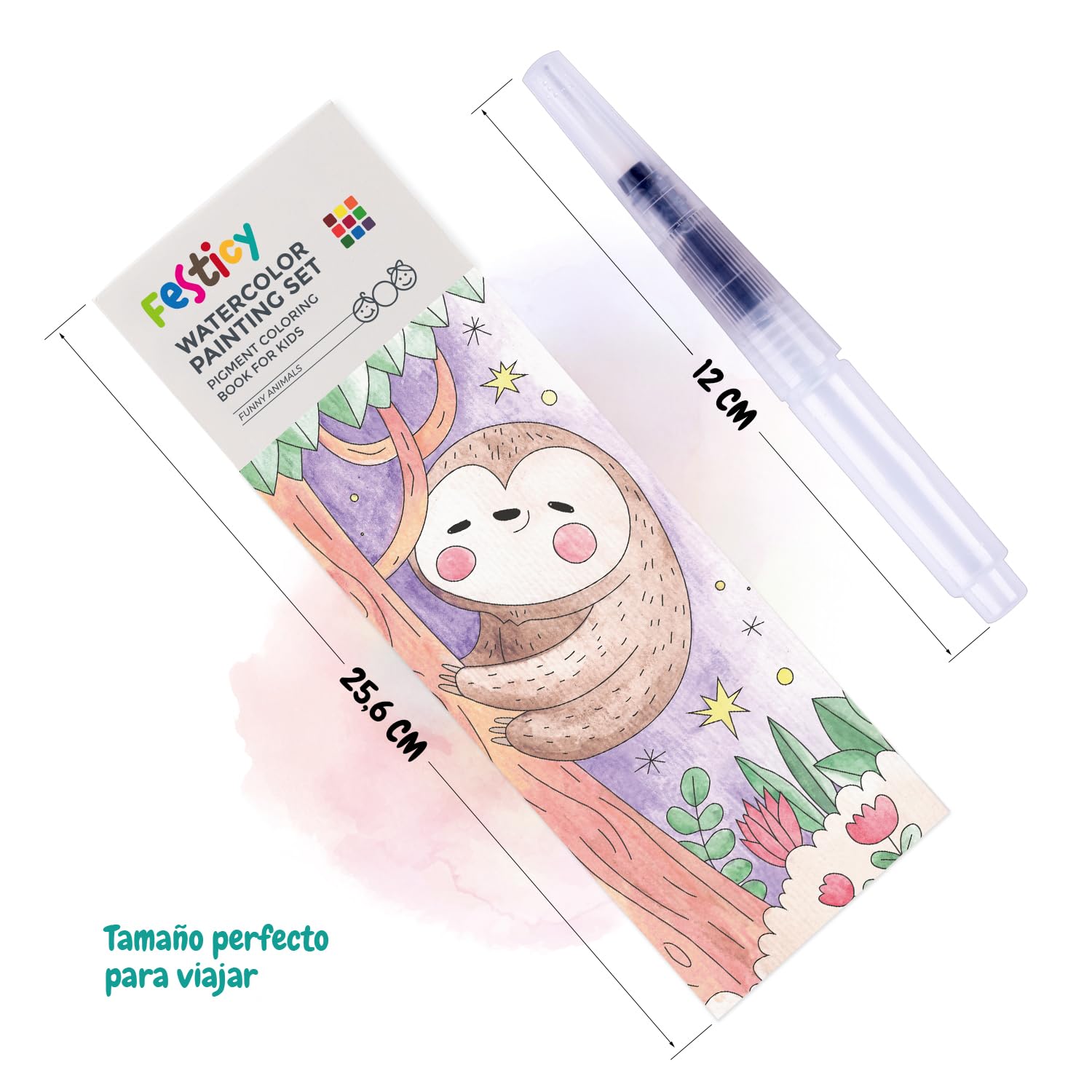 Festicy Libro para colorear de acuarela con pincel de depósito de agua, edición 2025, 25 páginas, ideal para viajes y vacaciones
