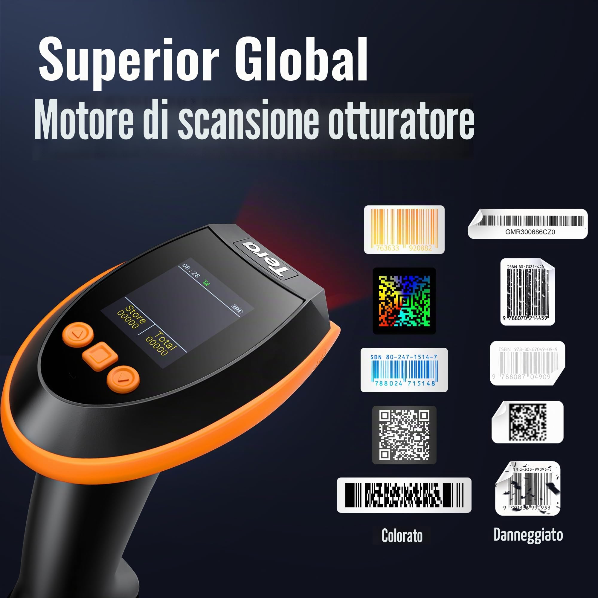 Tera Scanner per codici a barre con schermo e tastiera digitali, versione professionale, velocità di scansione extra veloce, funziona con Bluetooth 2.4G wireless e USB cablato 1D 2D QR Lettore di