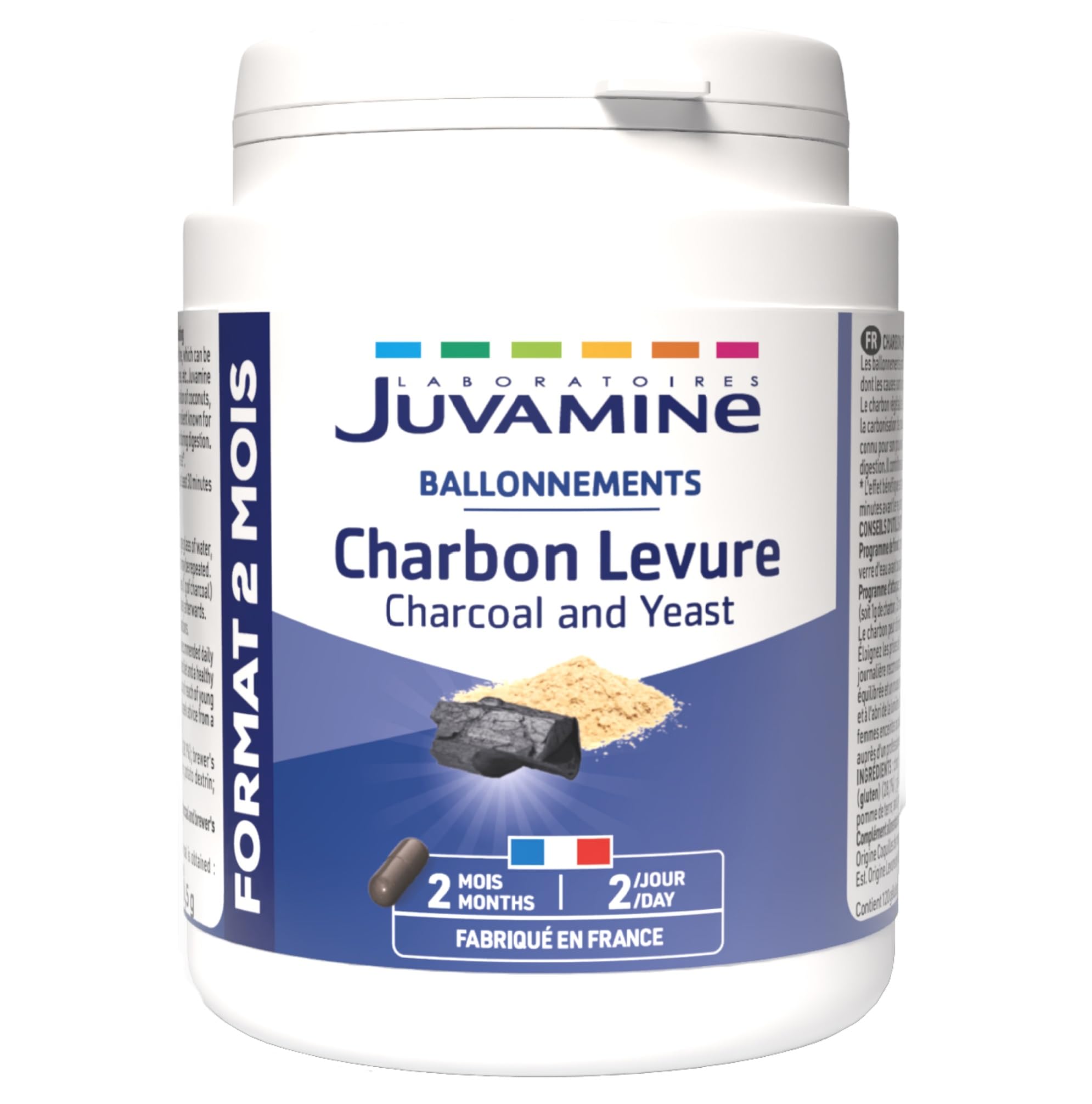 JUVAMINE - Digestione - Carbone di lievito - Gas intestinale - Aiuta a ridurre l'eccesso di flatulenza - Formato Maxi - 2 mesi - 120 Capsule - Prodotto in Francia