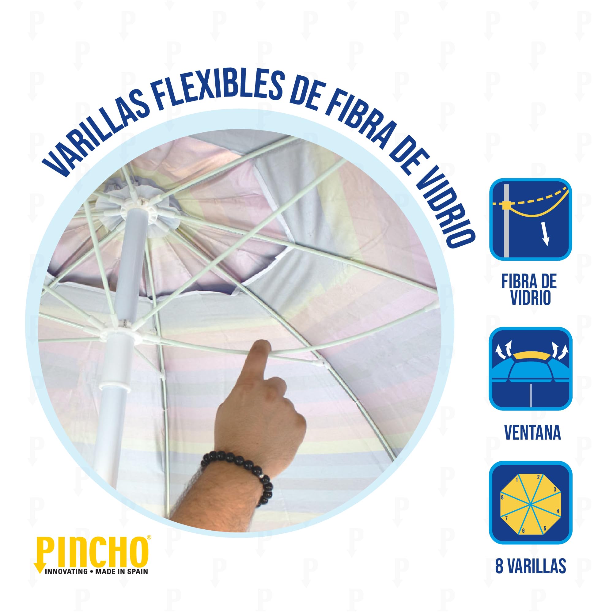 Pincho Parasol de plage à rayures multicolores 200 cm Support inclus, protection UV50+, inclinable et hauteur réglable, 8 baleines en fibre de verre, tube métallique résistant au vent