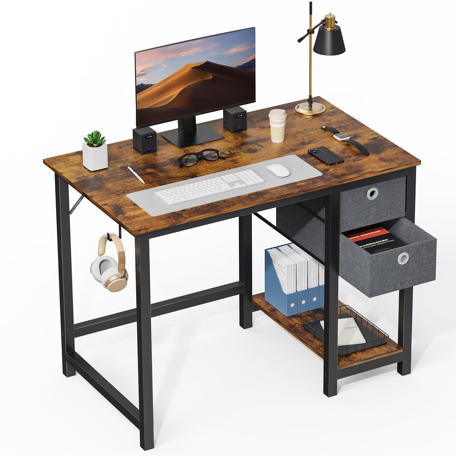 SMUG40 Inch Computer Desk, Small Office Desk with Storage Drawers, Modern Simple Style Writing Study PC Work Table for Home Bedroom Small Spaces
