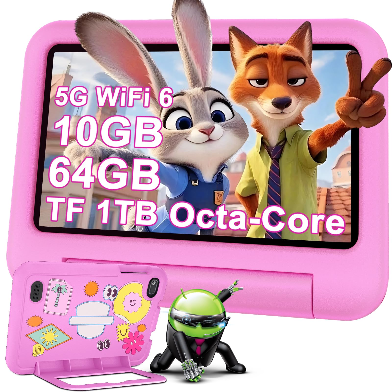 Niños Tablet 7 Pulgadas Android AI, 10GB RAM + 64GB ROM (TF 1TB), WiFi 6, Bluetooth 5.0, 8-Core, 3500mAh, Control Parental, Dual Cámara, GMS, Tabletas para Niños con Funda EVA - Rosa