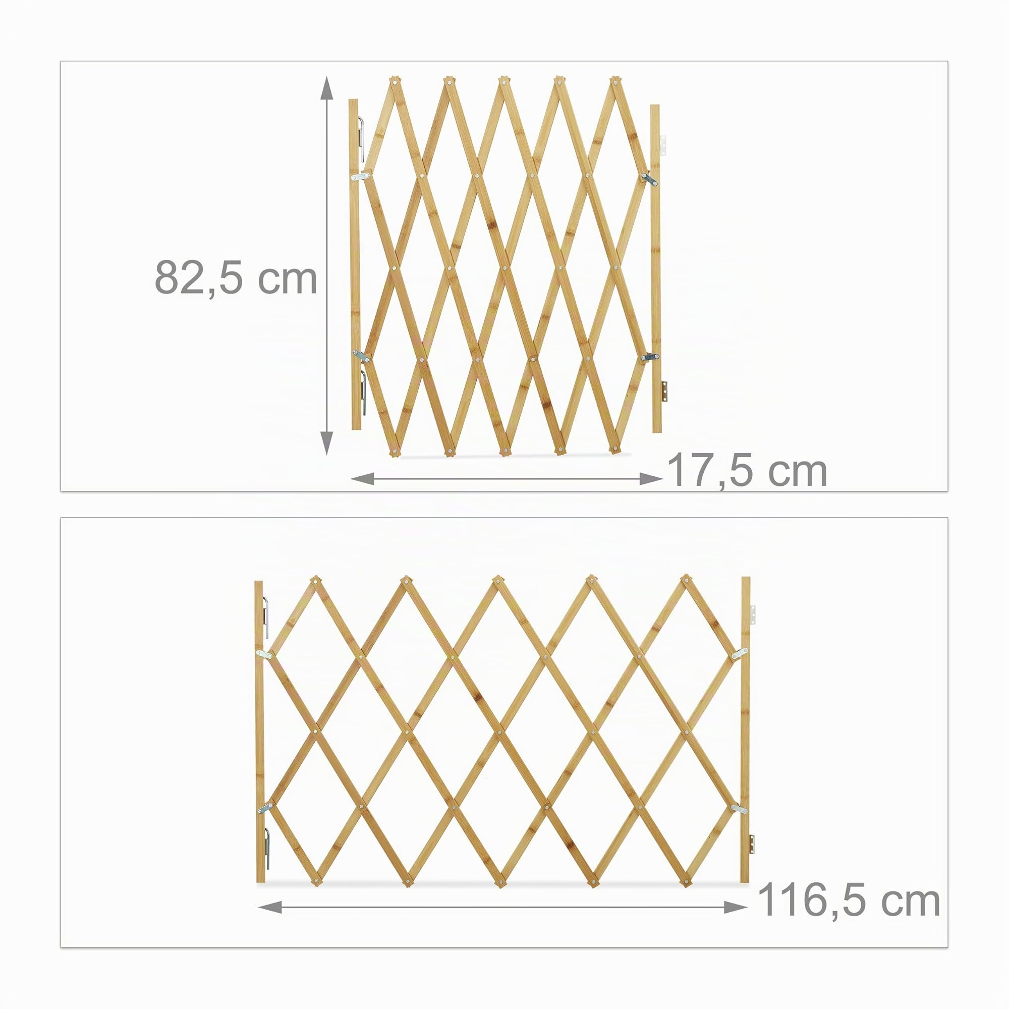 Relaxdays Barriera per cani, cancelletto di sicurezza per porte e scale, griglia a forbice estensibile fino a 116,5 cm, altezza 82,5 cm, naturale, L