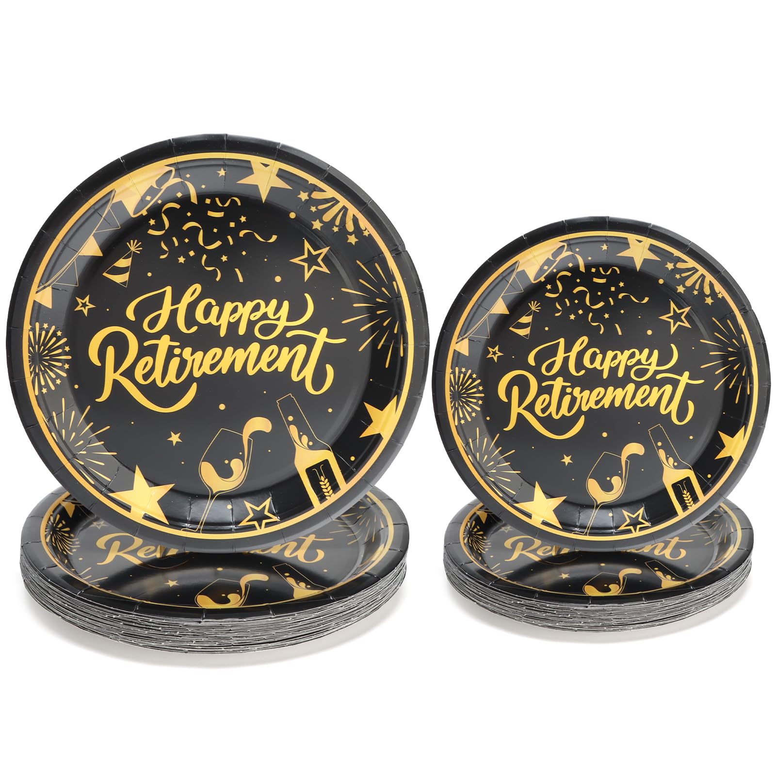 50 Pcs Retirement Party Paper Plates, Black and Gold Happy Retirement 9 inch 7 inch Paper Plates Party Supplies for Dinner Dessert Cake, Disposable Tableware Sets, Serve for 25 Guests