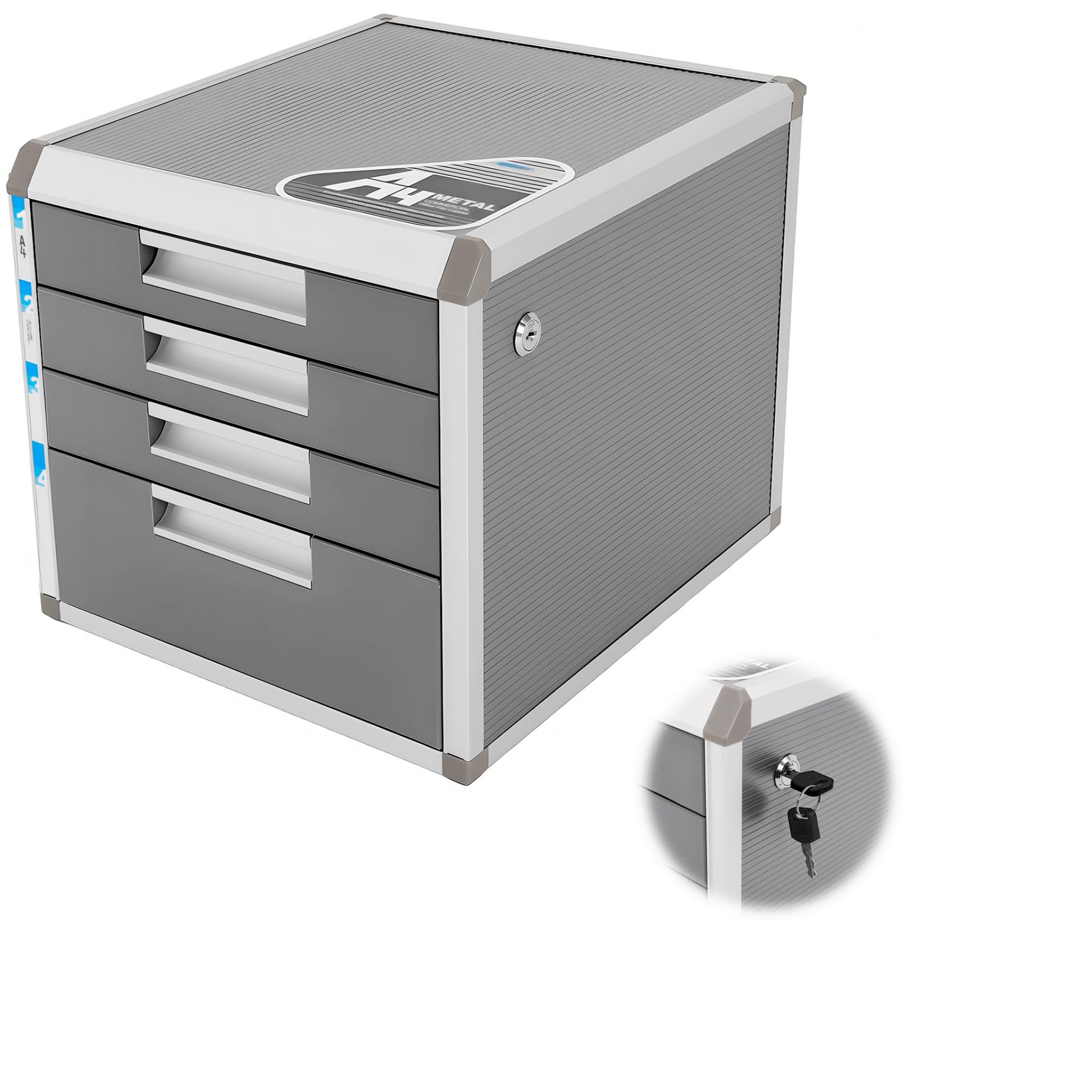 Armario archivador con 4 cajones con cerradura de aleación de aluminio – Caja para documentos DIN A4 31,5 x 35 x 29,8 cm – 1 compartimentos grandes + 3 pequeños, estantes de MDF y 2 llaves – gris y