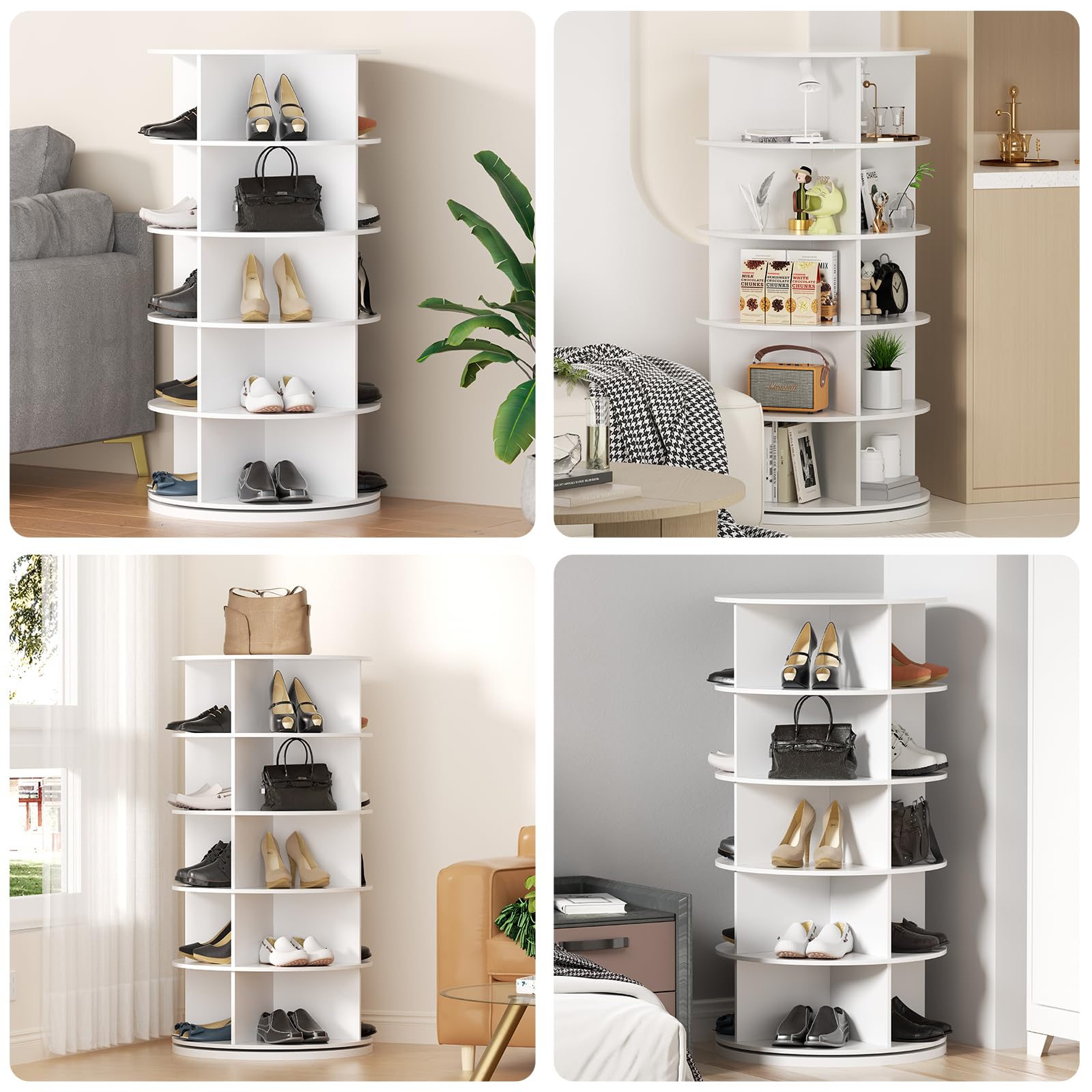Zapatero Giratorio a 360 Grados, Organisateur de Zapatos Redondo con 6 Niveles, Torre de Zapatos Vertical Salvaspazio Blanco para 24 Pares de Zapatos y Bolsos, Armario Zapatero para Entrada