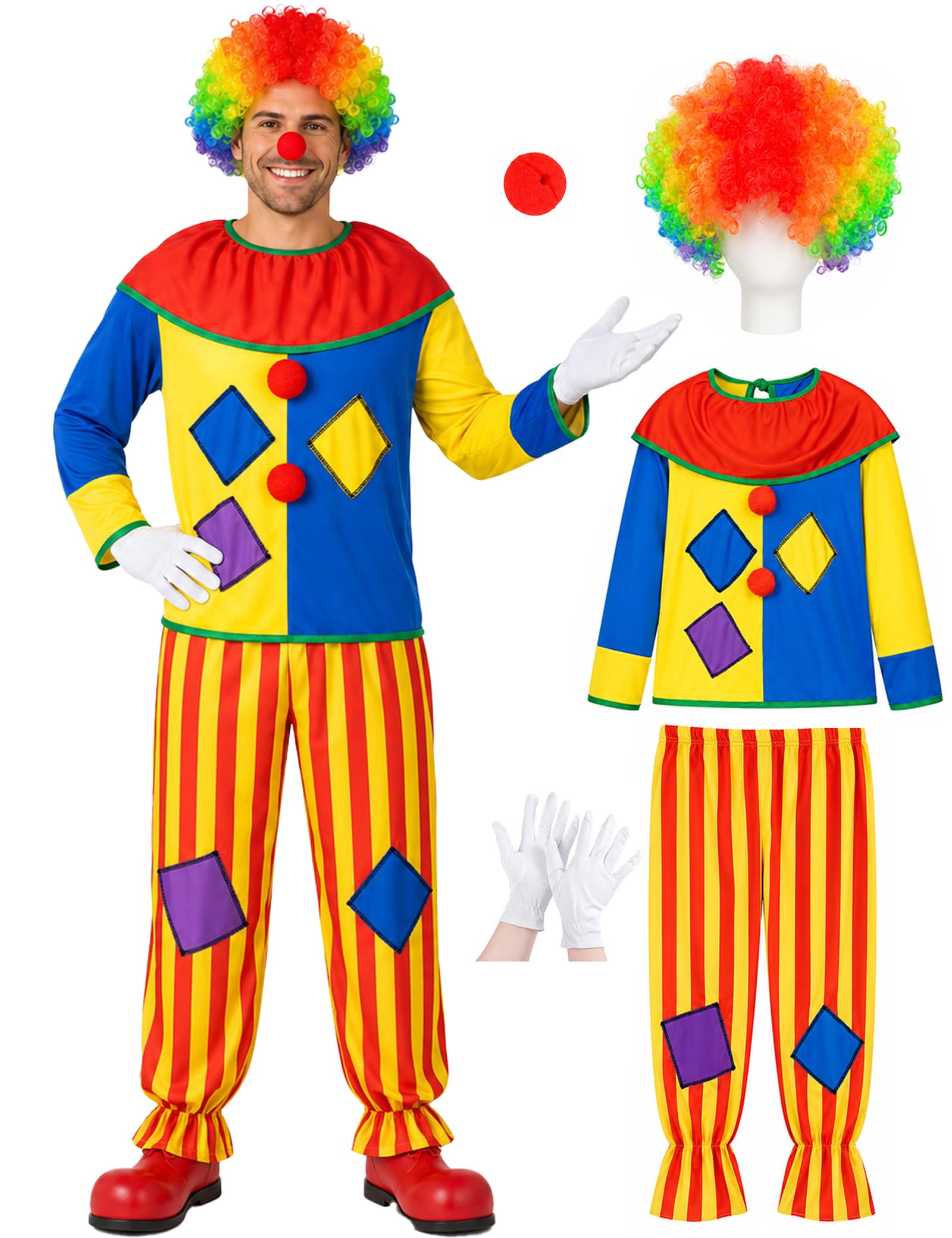 ZZXIAOJIE 5Pcs Adult Clown Circus Costume Rainbow Wig Funny Halloween Set