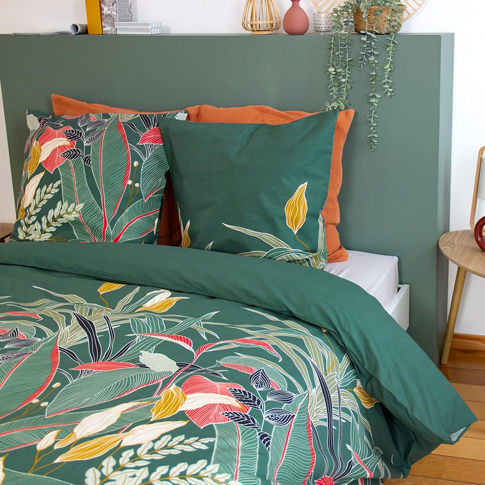 Coste Deco - Set di biancheria da letto per adulti, 220 x 240 cm, in cotone, motivo tropicale, colore: verde