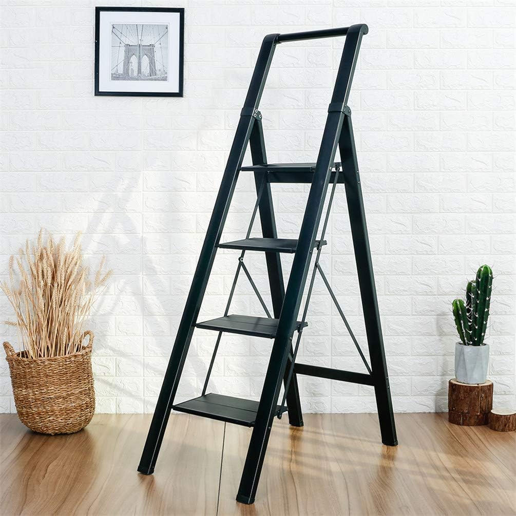 BAOYOUNI 4 Step Ladder Lightweight Folding Aluminum Step Stool Heavy Duty Stepladders 298lbs with Safety Handle and Anti-Slip Wide Pedal for Household, Office, Garage, Painting - Black