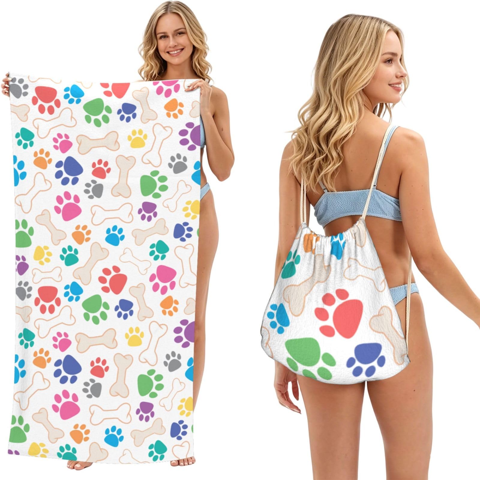 Poadnly As Picture Dog Paw And Bone, 2 In 1 Packable Towel Bag, Beach Towels With Drawstring Backpack For Travel Holiday Camping