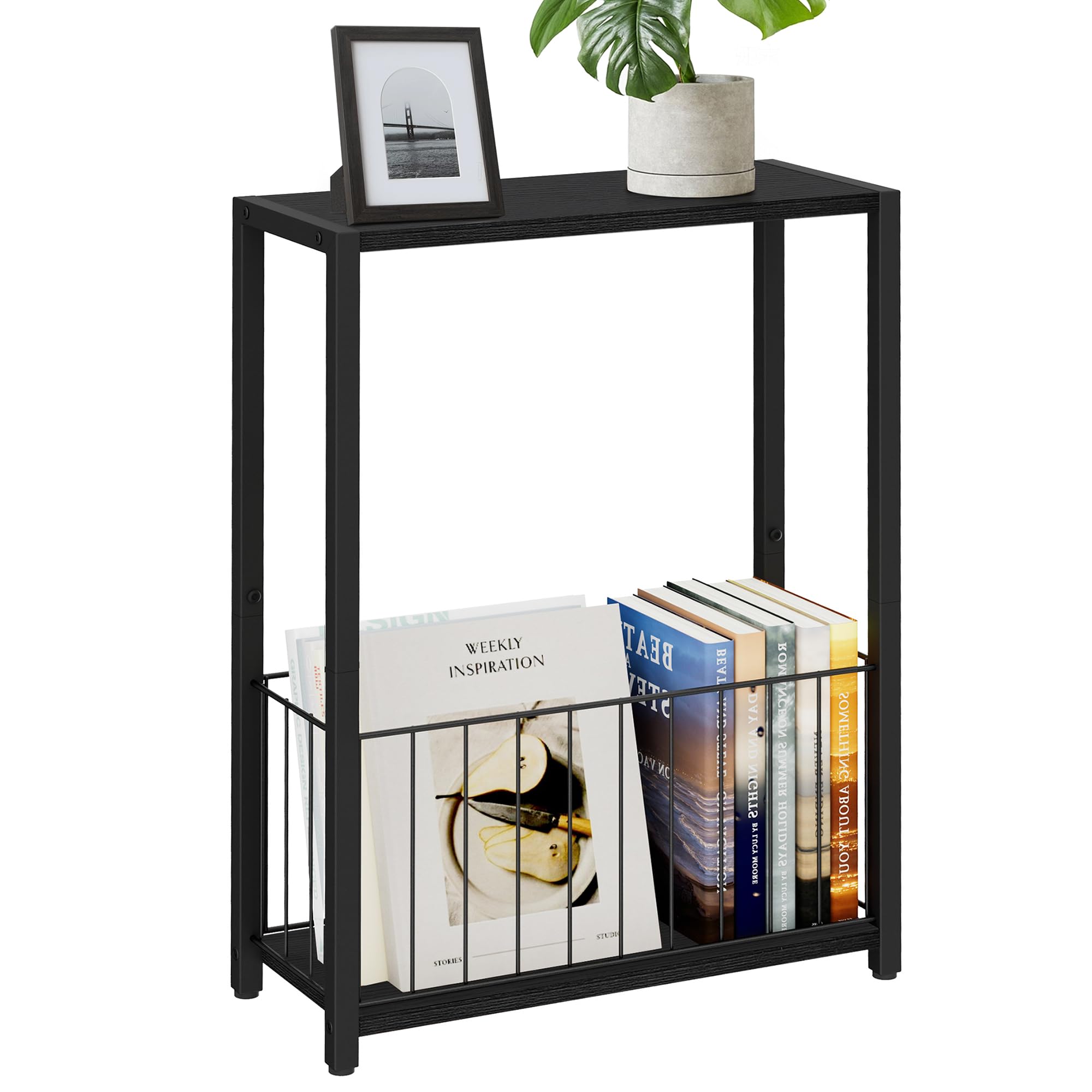 Homleke Narrow Side Table with Magazine Holder Skinny End Table Perfect for Small Spaces Space-Saving Design for Living