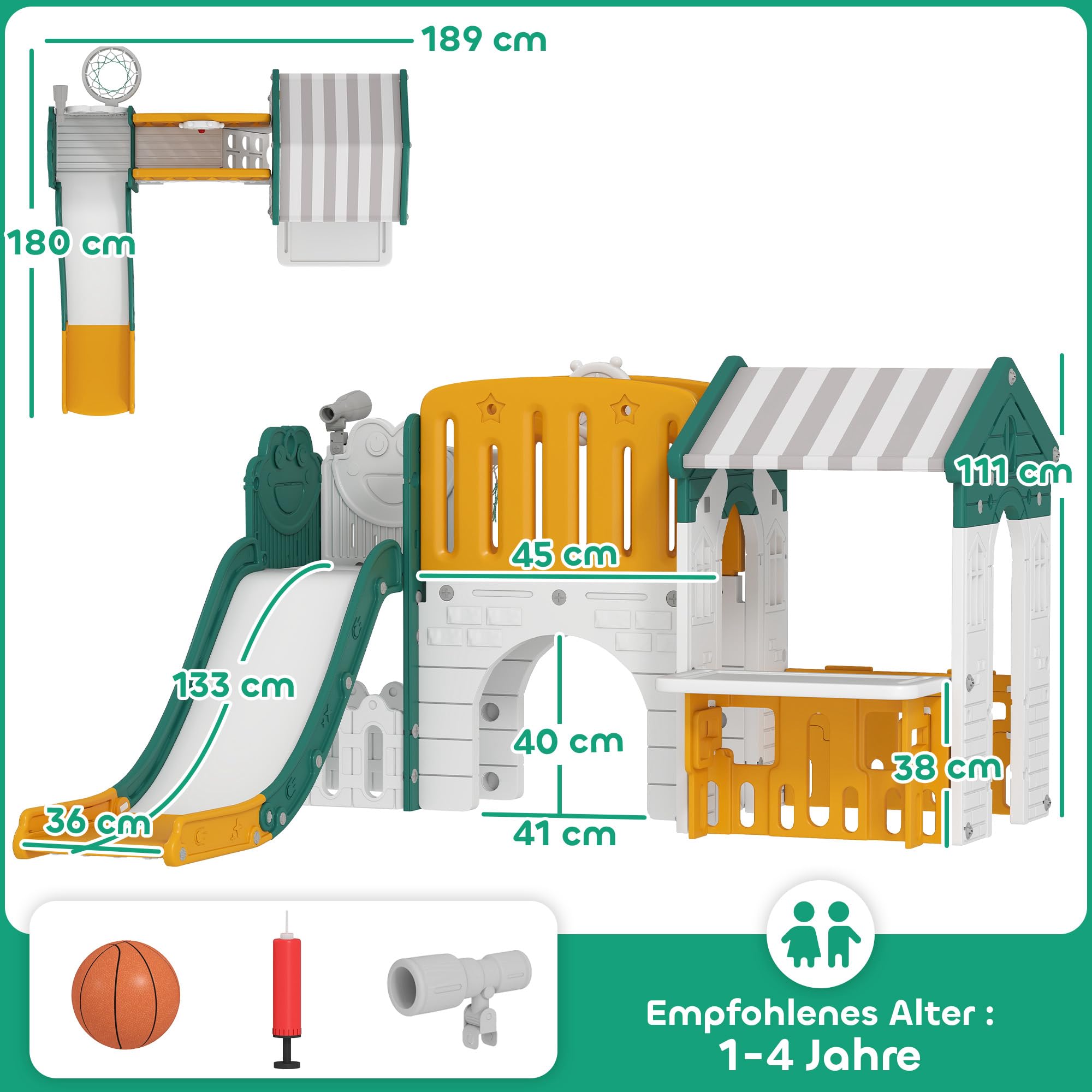 AIYAPLAY 7 in 1 Kinderrutsche mit Klettergerüst 1-4 Jahre Gelb+Grün | Kleinkindrutsche mit Basketballkorb, Tunnel, Teleskop, Stauraum, Spielhaus, Indoor und Outdoor Spielplatz, für Kleinkinder