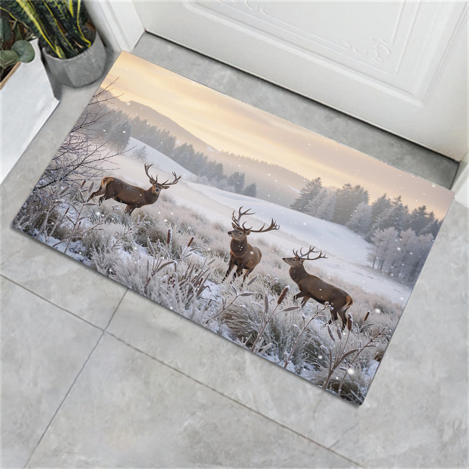 Paillasson imprimé cerf 60x90cm gris, tapis absorbant et lavable pour entrée extérieure et intérieur