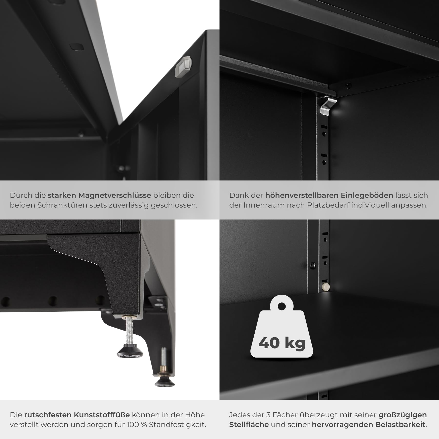 TecTake® Aktenschrank, 60 x 40 x 100 cm, 2 verstellbare Böden, abschließbar, Magnetverschluss, Kippschutz, Büroschrank, Aktenmöbel, Ordnerschrank, Büroorganisation, Arbeitsmobiliar - schwarz