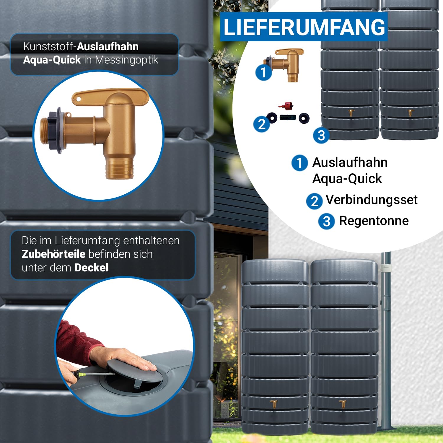 4rain Slim Wandtank-Set Regentonne 1000 Liter Graphite Grey, 2 x Slim | 500 Liter inkl. Verbinder, Wassertank, Fass, Regenfass, Regenwassertonne, Regenwassertank, Wasserbehälter, Wassertonne