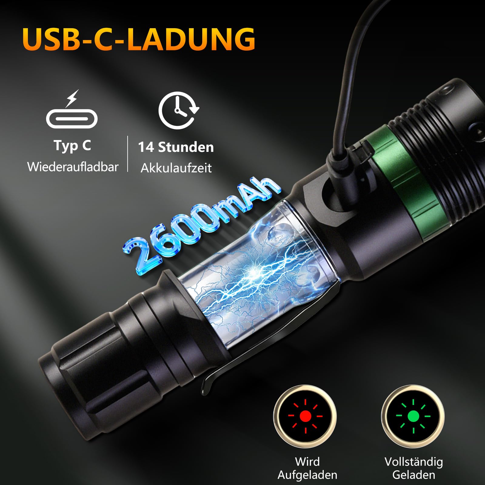 UltraFire Wiederaufladbare Verkehrsstab LED Taschenlampe, 500 Lumen Zoomable Signalstab Safety Taschenlampe, 3 Modi, USB-C, für Verkehrskontrolle, Flughafen, Camping, Notfall, UF-303X (2 Pack)