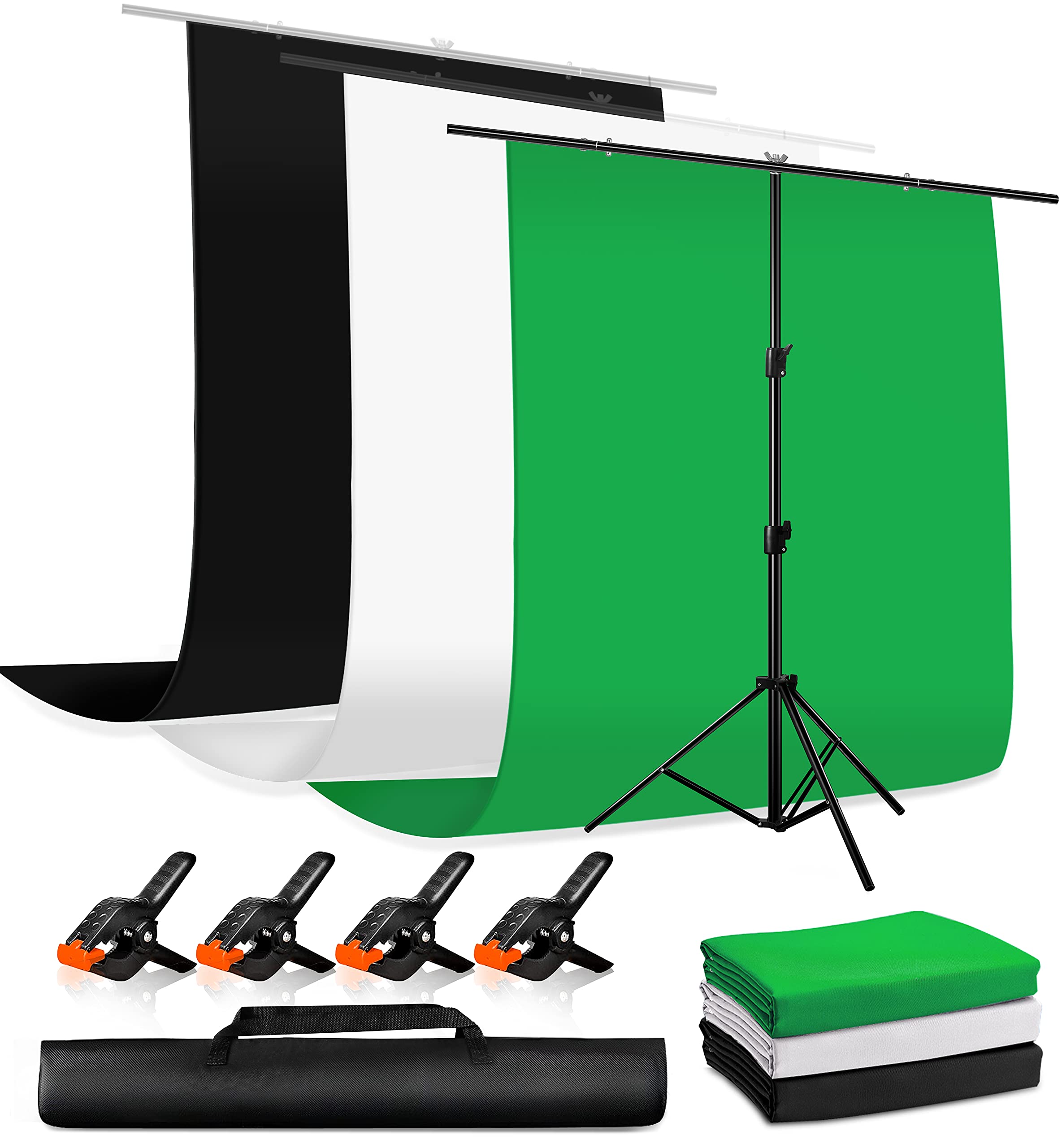 Heysliy 5 X 6.5 FT Photography Backdrop Kit with Stand, White Backdrop &Black Backdrops for photography, Portable Green Screen Background with 6.6 X 6.6ft Adjutable Stand for Streaming, YouTube