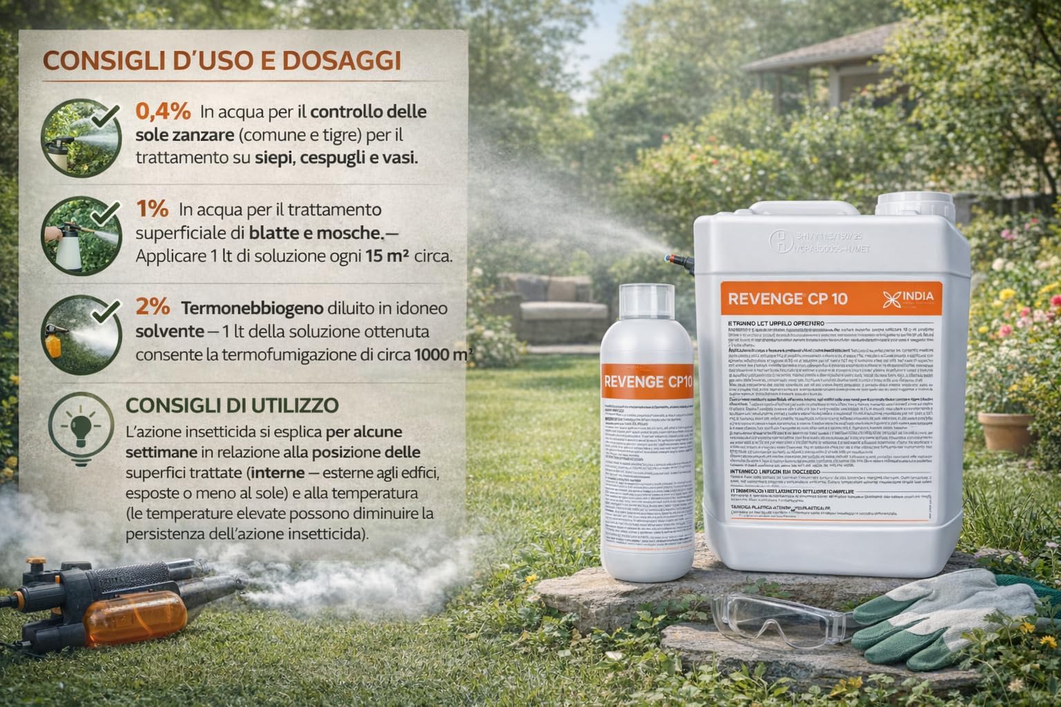 Ossian Revenge CP 10 Insetticida Concentrato Cipermetrina 10% | Antizanzare Tigre e Comune, Mosche e Scarafaggi | Uso Interno ed Esterno | Azione Residuale | Diluizione in Acqua (5 LT)