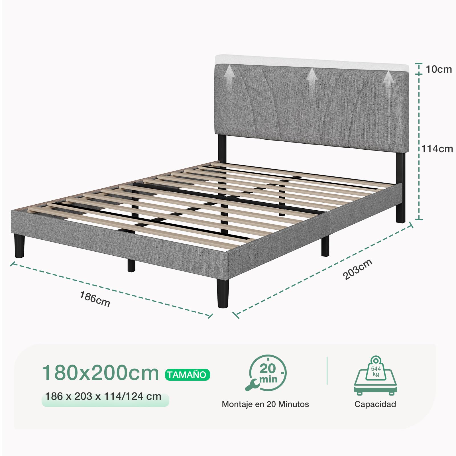 Novilla Somier 180 x 200 cm de Listones de Madera, Estructura de Cama de Laminas de chopo, cabecero tapizado Alto y cómodo de apoyarse, Fácil de Montar, Gris