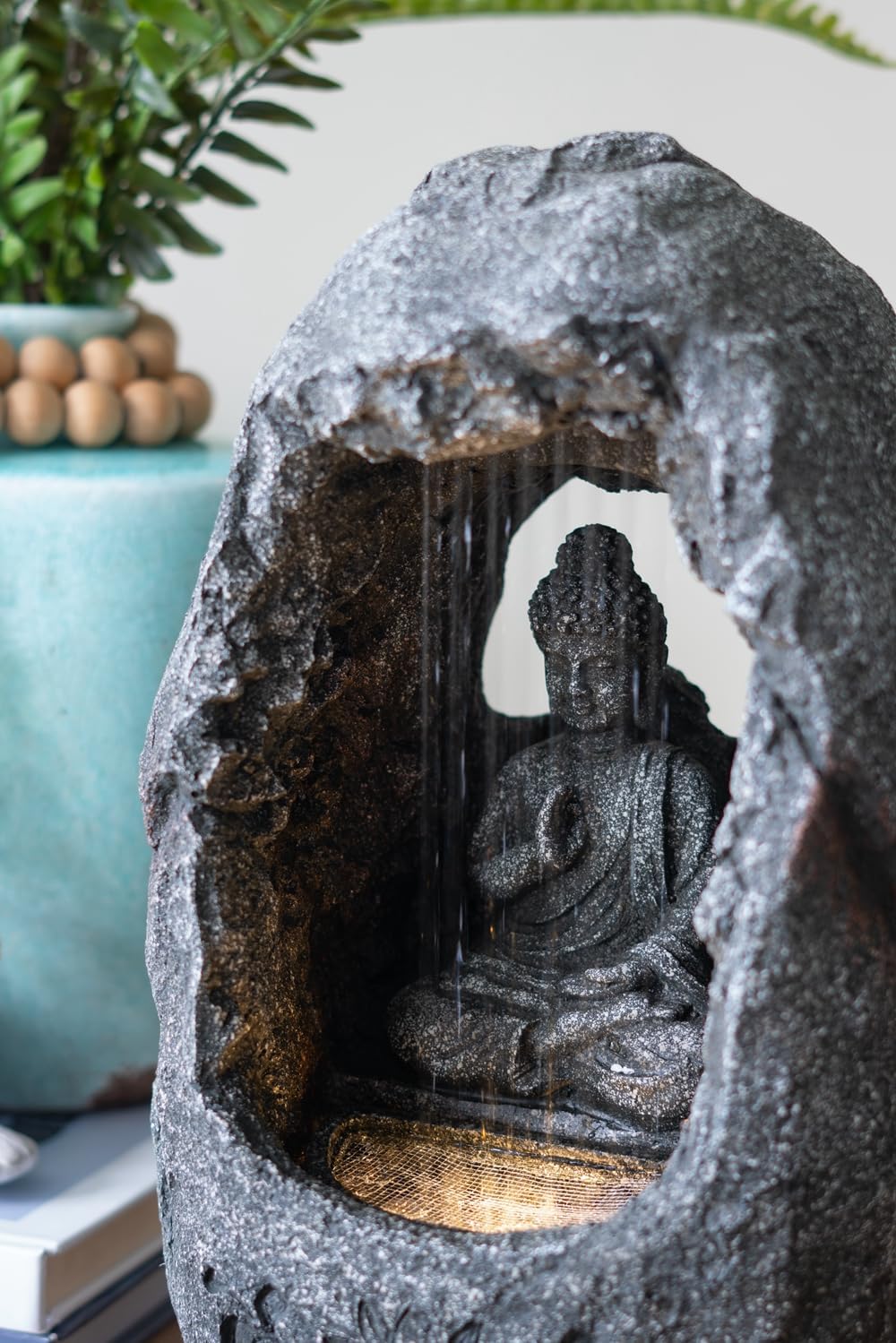Table Top Waterfall, 14” Sitting Buddha Waterfall Fountain with LED Light, Traditional Accent Decorative Tabletop Raindrop Water Fountain, for Indoor Outdoor Meditation, Gray