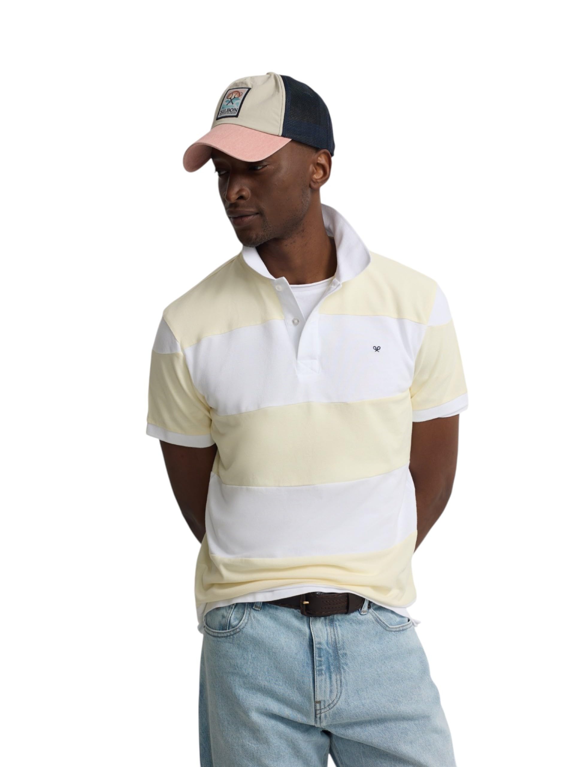 SILBON Wide Stripe Short Sleeve Polo Shirt, Lemon Tree, M/3XL