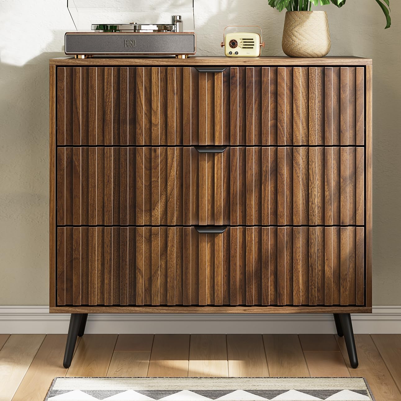 3 Drawer Dresser for Bedroom, 30.5" Wide Walnut Chest of Drawers with Fluted Panels, Morden Bedroom Dresser for Living Room, Closet, Hallway