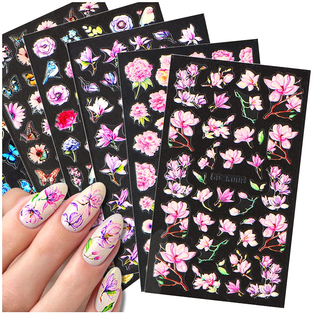 Dornail6 Sheets 5D Stereoscopic Embossed Nail Stickers Flowers Butterfly Nail Decals Summer Nail Art Stickers DIY Design Decoration Accessories