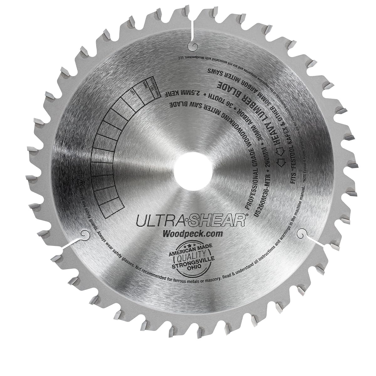 Heavy Lumber Blade fits Festool Kapex, 260mm, 36T, 30mm Arbor, ATB+R, 2⁰ Negative Hook for Professional cuts on Thick Stock. USA Made. US260M36-MTR