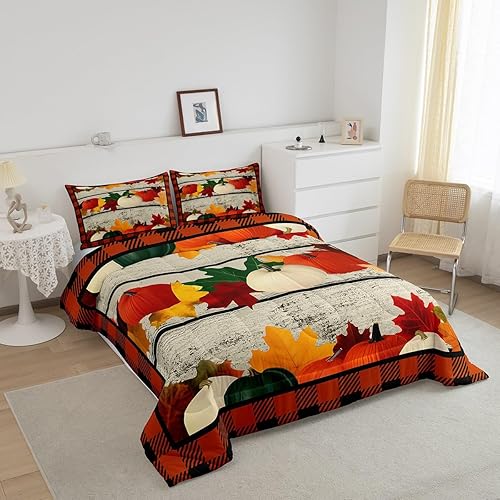 Miniatura 3 de Juego de ropa de cama de calabaza, juego de edredón geométrico a cuadros para niños y niñas, decoración de festival de calabaza de otoño, juego de