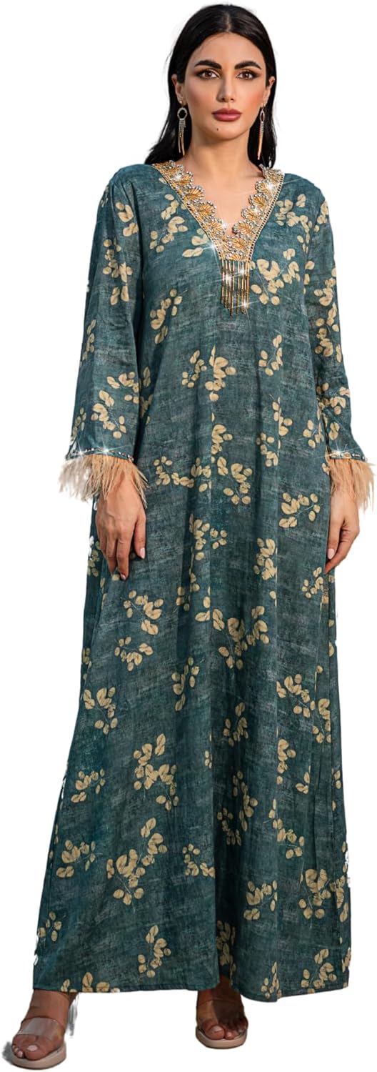 Elegant 1PC long Maxi Dress, Muslim Dresses for Women with V neckline and Flared embellished long sleeves, Arabic abayas for Women for Casual Wear