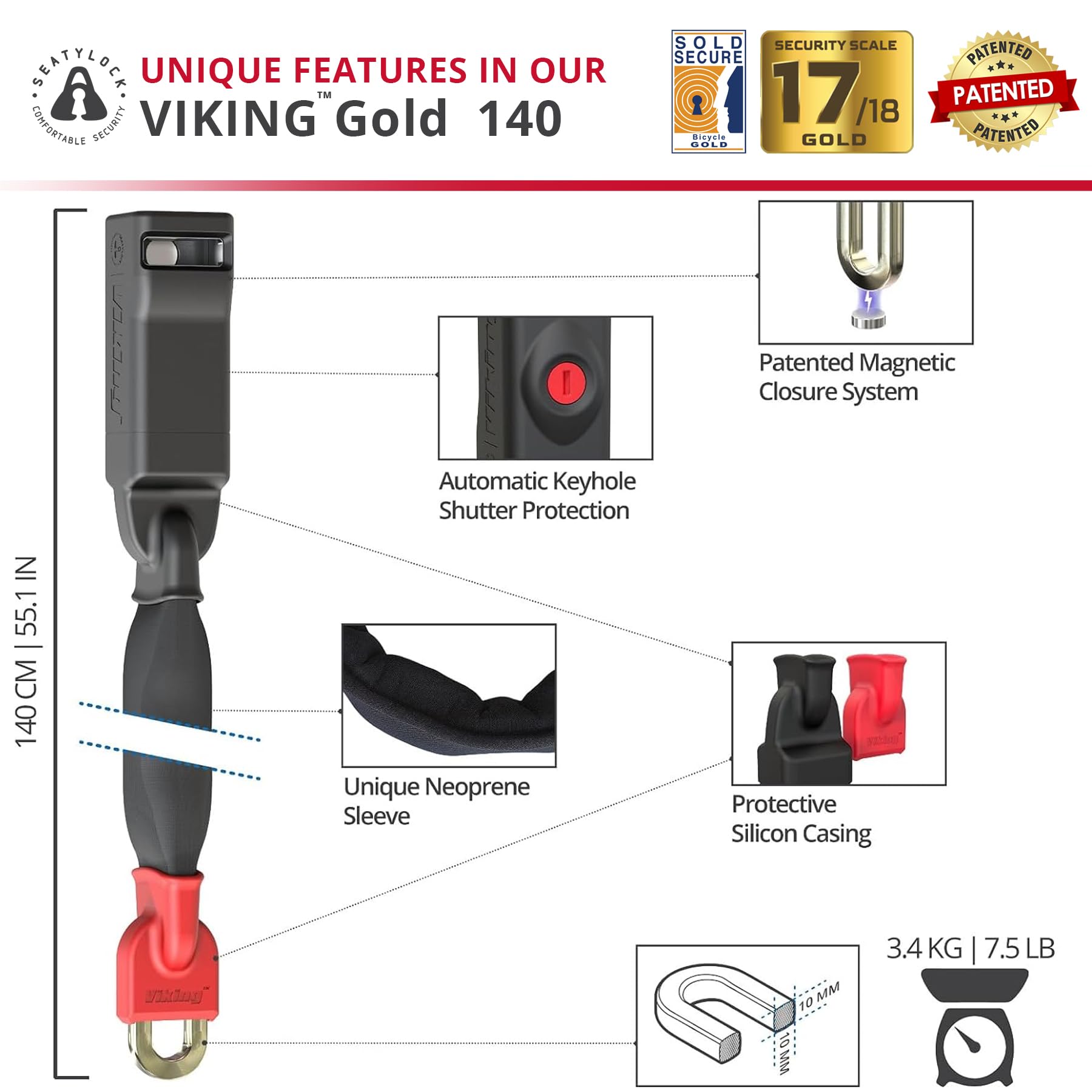 Seatylock Viking - Lucchetto a catena per bicicletta con chiave - Magnetico brevettato con classificazione Sold Secure - Resistente antifurto Heavy Duty - Lucchetto intelligente ultra sicuro per