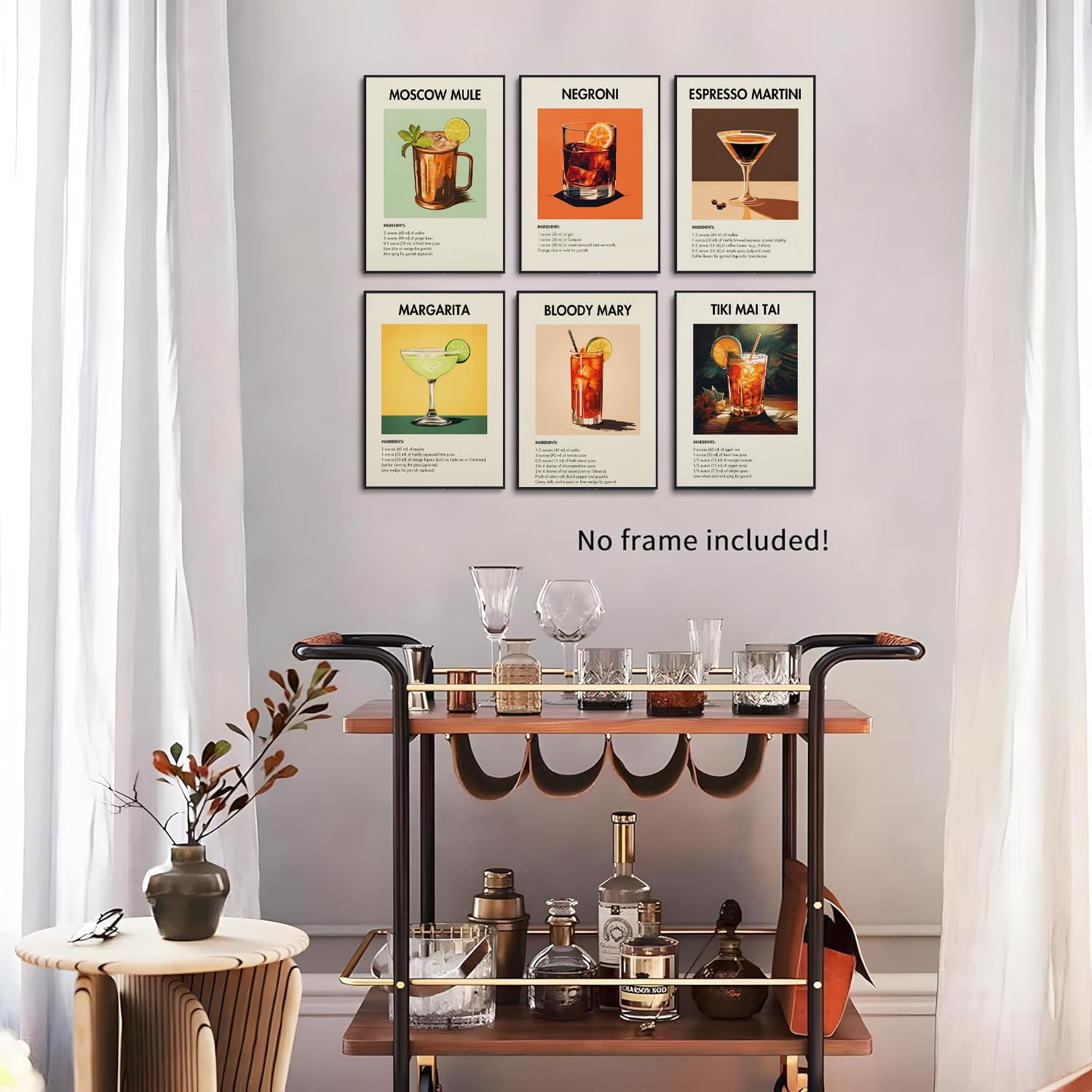 Set Di 6 Stampe Da Parete Retrò Con Cocktail E Carrello Bar - Poster Artistici Su Tela Per Cucina E Sala Da Pranzo, Stile Vintage