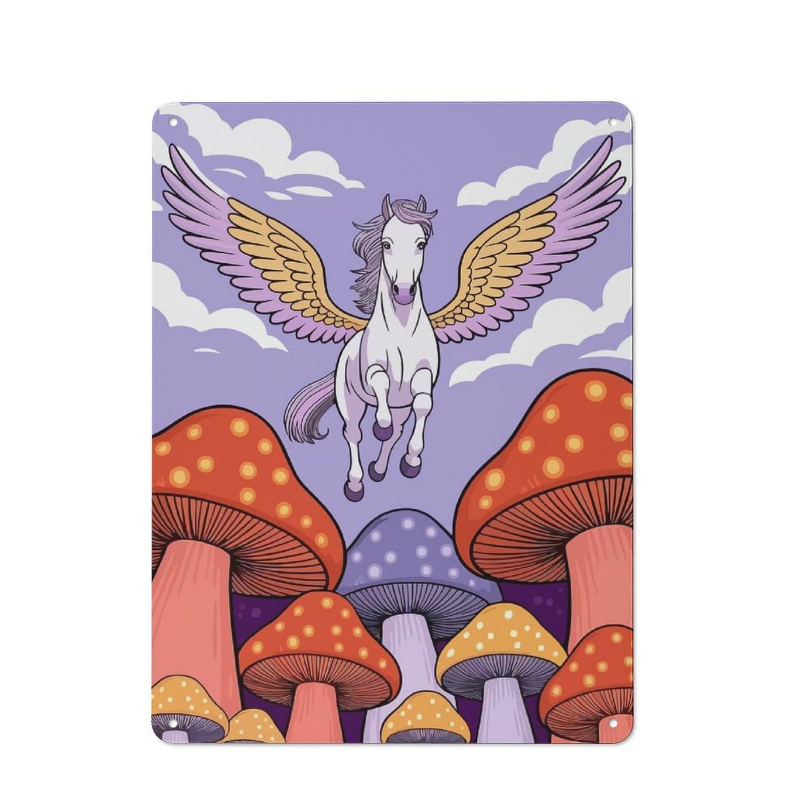 Junmoney Pegasus Flying Over Mushroom Forest Vintage Tin Sign 40X30cm For Guest Room Or Hallway, Suited To Home Decor Collectors