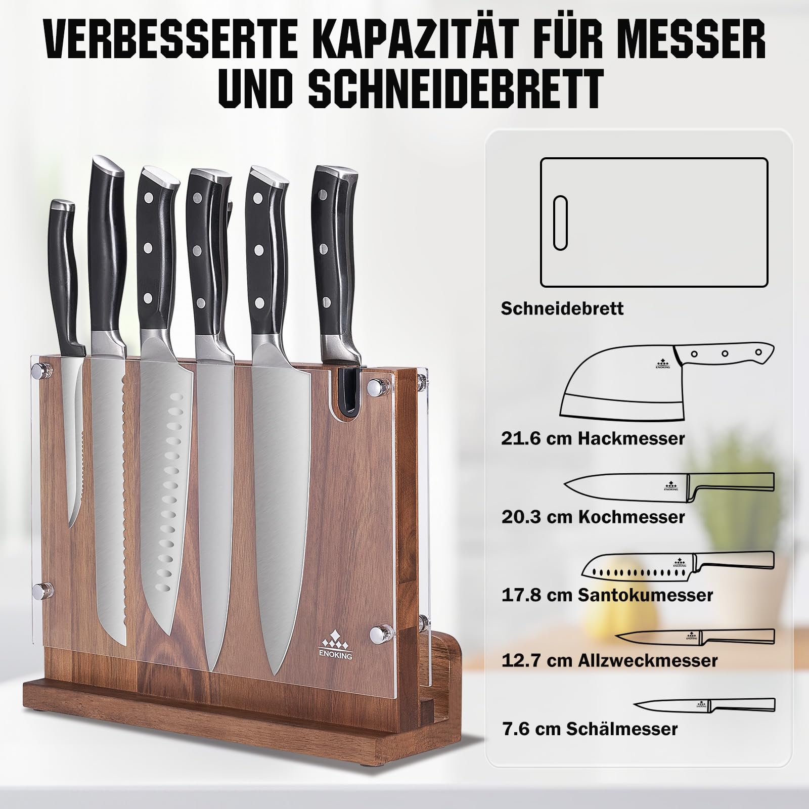 ENOKING Spitzenklasse Plus Messerblock Magnetisch Ohne Messer, Doppelseitiger Magnetischer Messerblock mit Acryl-Schutz, Hochwertiges Magnet Messerhalter, Akazienholz-Messerbrett mit Messerschärfer