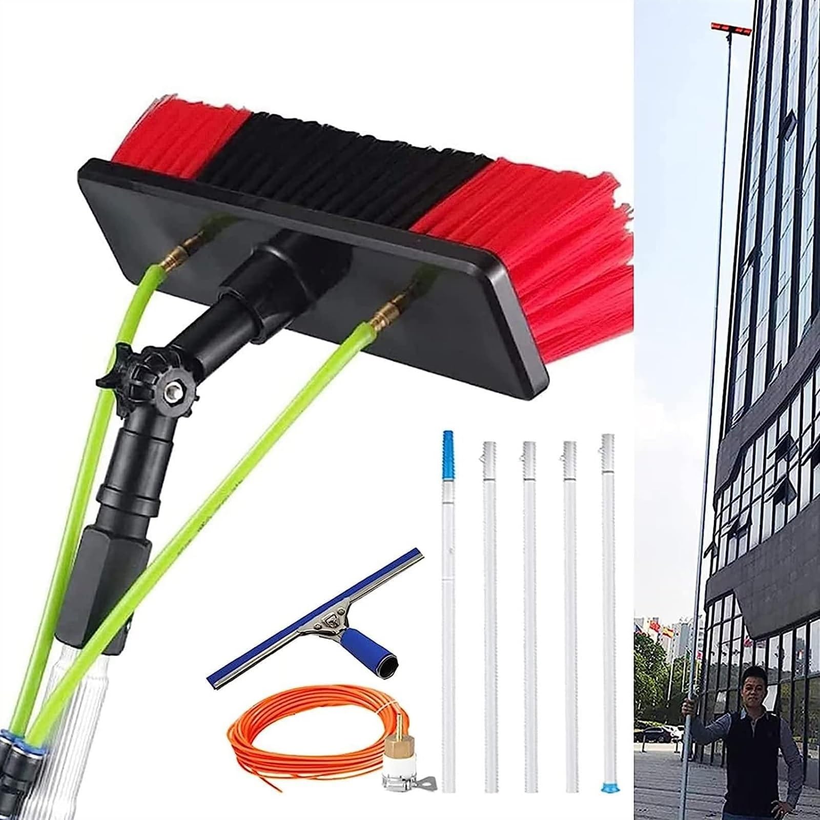 WXPGFEQ Window Cleaning Pole, Water Fed Telescopic Brush with Squeegee, Water/Hose Fed Pole, Cleaning Photovoltaic and Solar Panels Rod Brush Head (Color : 30cm Brush, Size : 6m Pole)