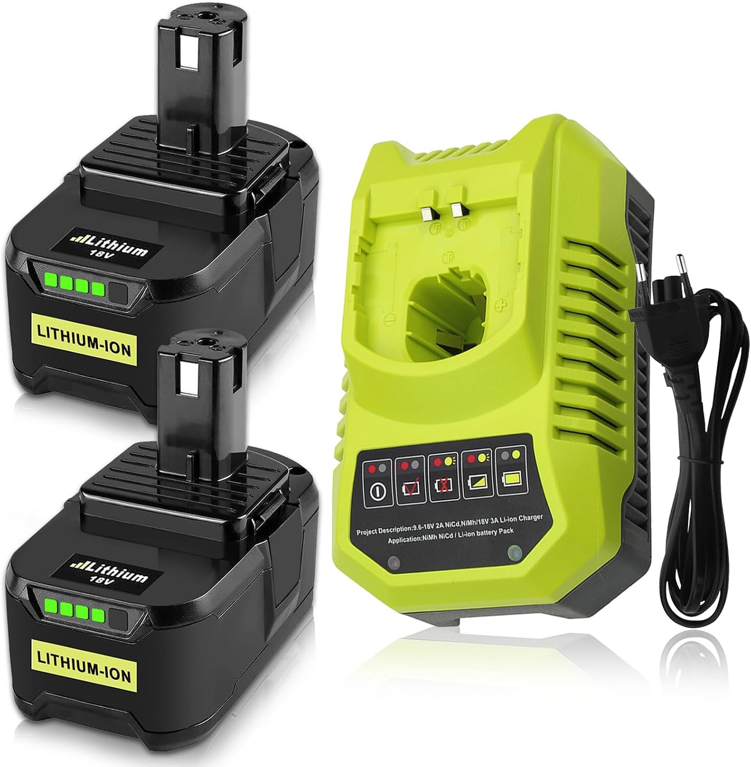 2 Pezzi 18V 5.5Ah/5500mAh Ricambio per Ryobi Batteria 18V Compatibile per Ryobi Batteria RB18L40 RB18L50 P102 P103 P104 P105 P106 P107 P108 + 9.6-18V Caricabatteria per BCL1418H con indicatore LED