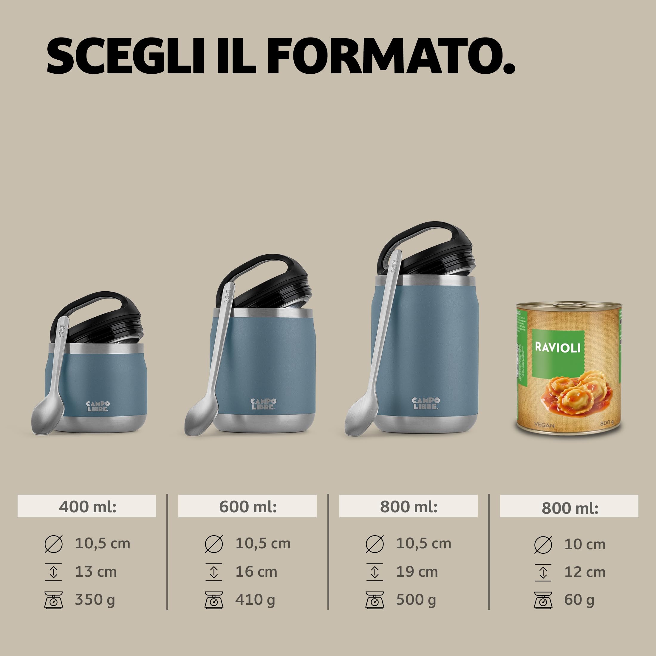 Campo Libre.® Lotta – Thermo per Alimenti Caldi & Freddi – Porta vivande Termico con Cucchiaio – Termo per Adulti o Bambini/Neonati, Schiscetta Pranzo – Ideale da Portare con Sé. Blu. 400ml