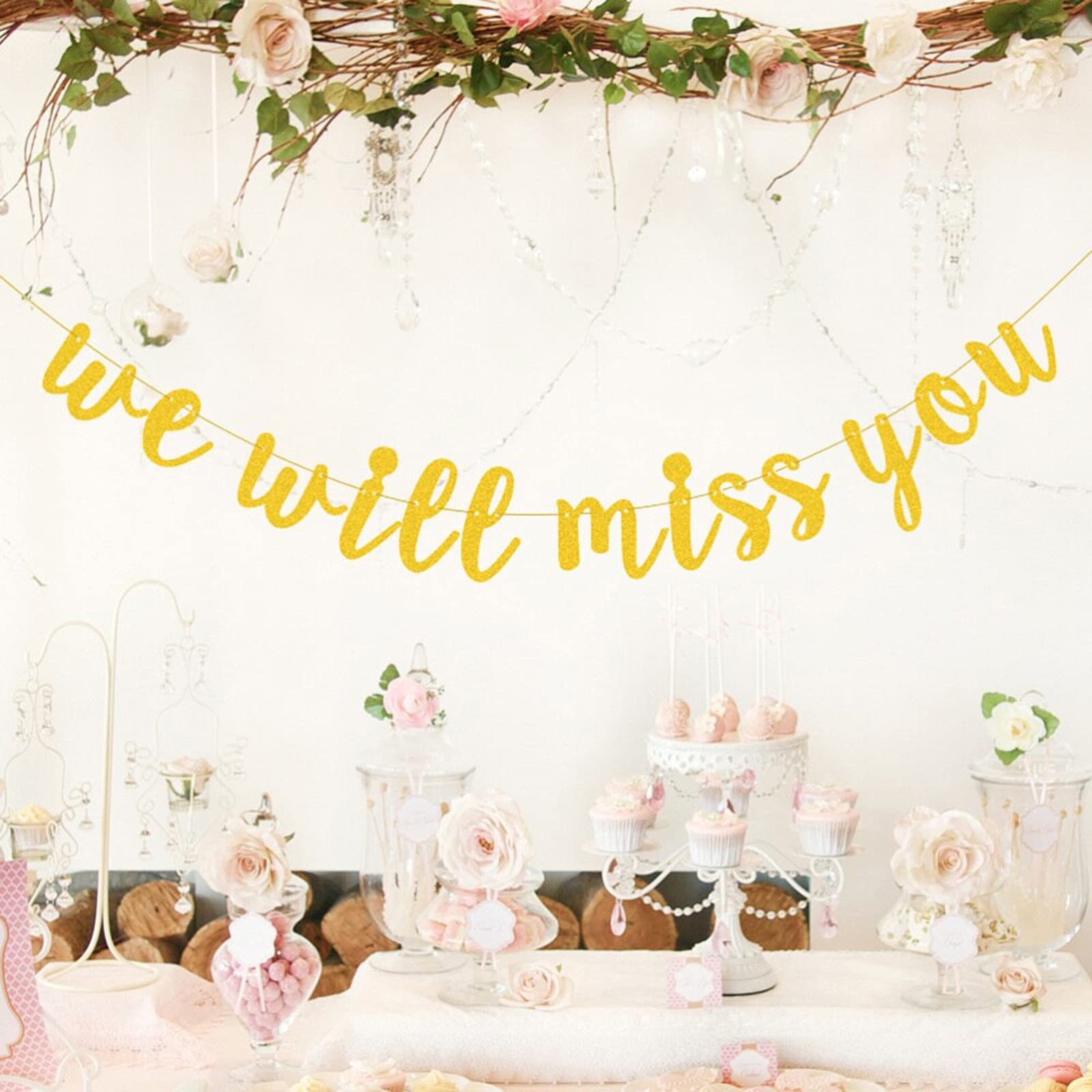 Striscione per laurea con glitter dorati, con scritta We Will Miss You