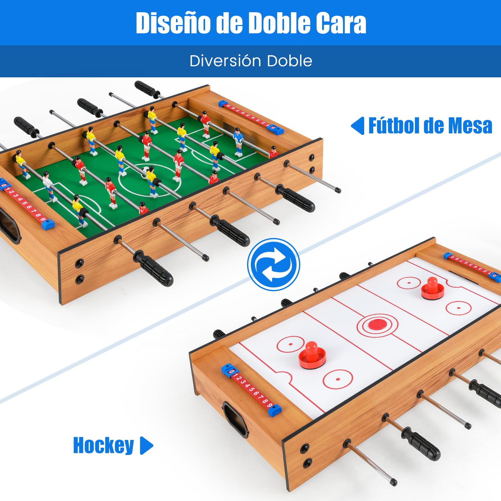 COSTWAY 2 en 1 Mesa Multijuegos, Mesa de Futbolín y Air Hockey, Juego sobremesa para Niños y Adultos, Futbolín sobremesa con 18 Jugadores para Fiesta Bar, 69 x 36 x 10 cm