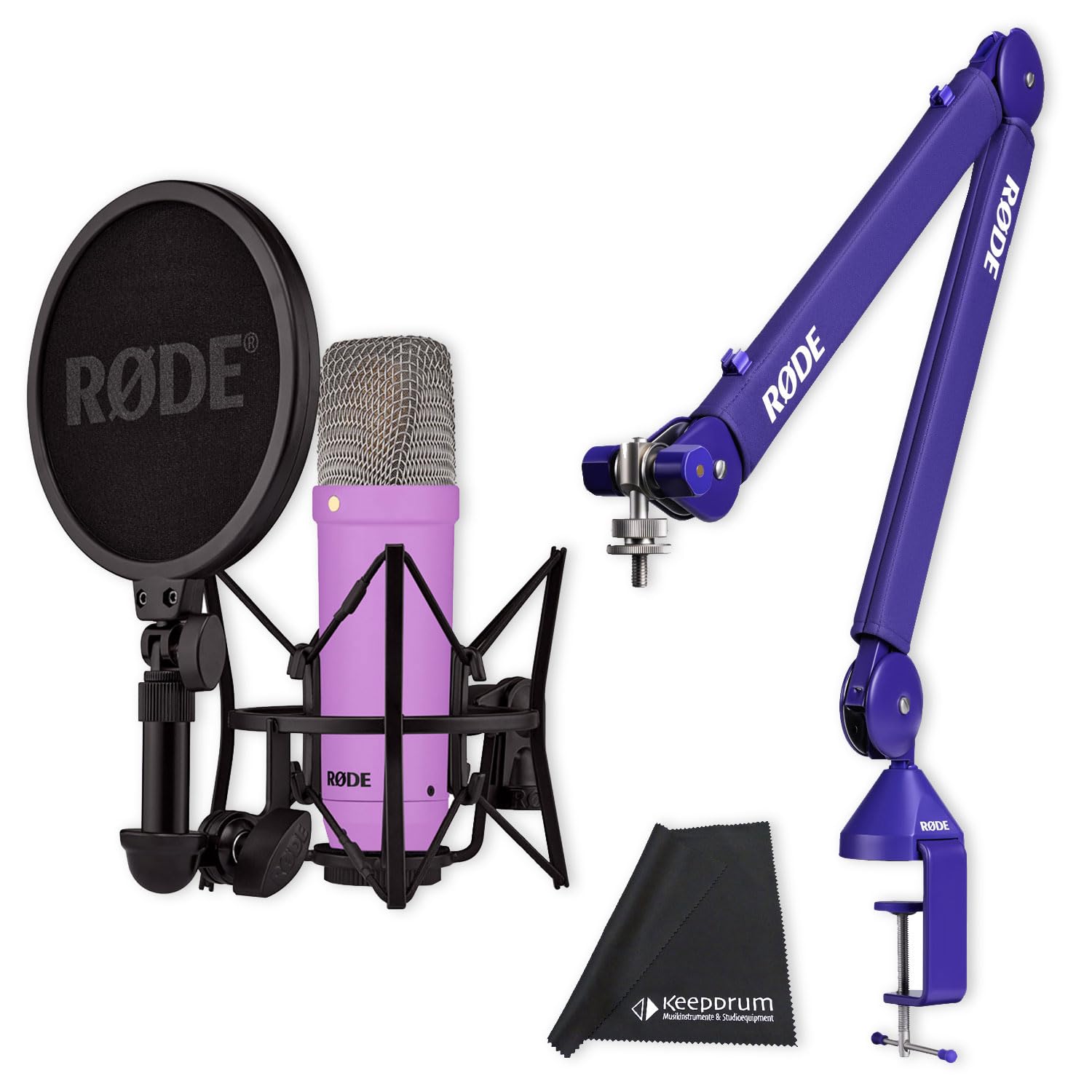 Rode NT1 Signature Studio-Mikrofon Lila mit PSA1+ Gelenkarm-Stativ Lila und keepdrum Mikrofasertuch