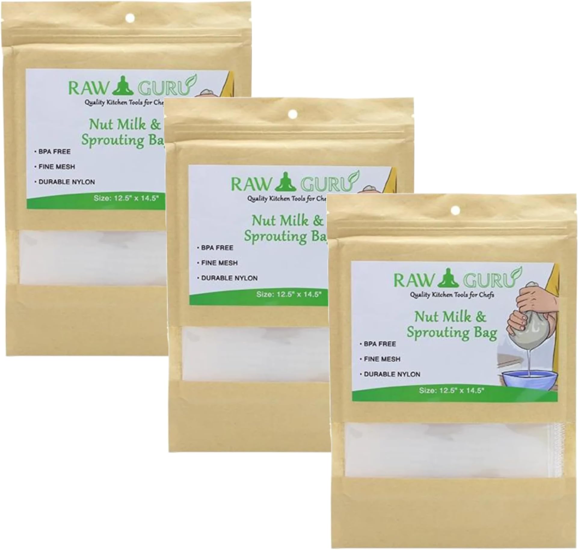 RAWGURU Nut Milk Bag (Nylon with String), 12.5" x 14.5", 3 Count, Cloth Bags for Tea/Yogurt/Juice/Wine/Soup/Herbs, Durable Washable Reusable Nut Milk Strainer