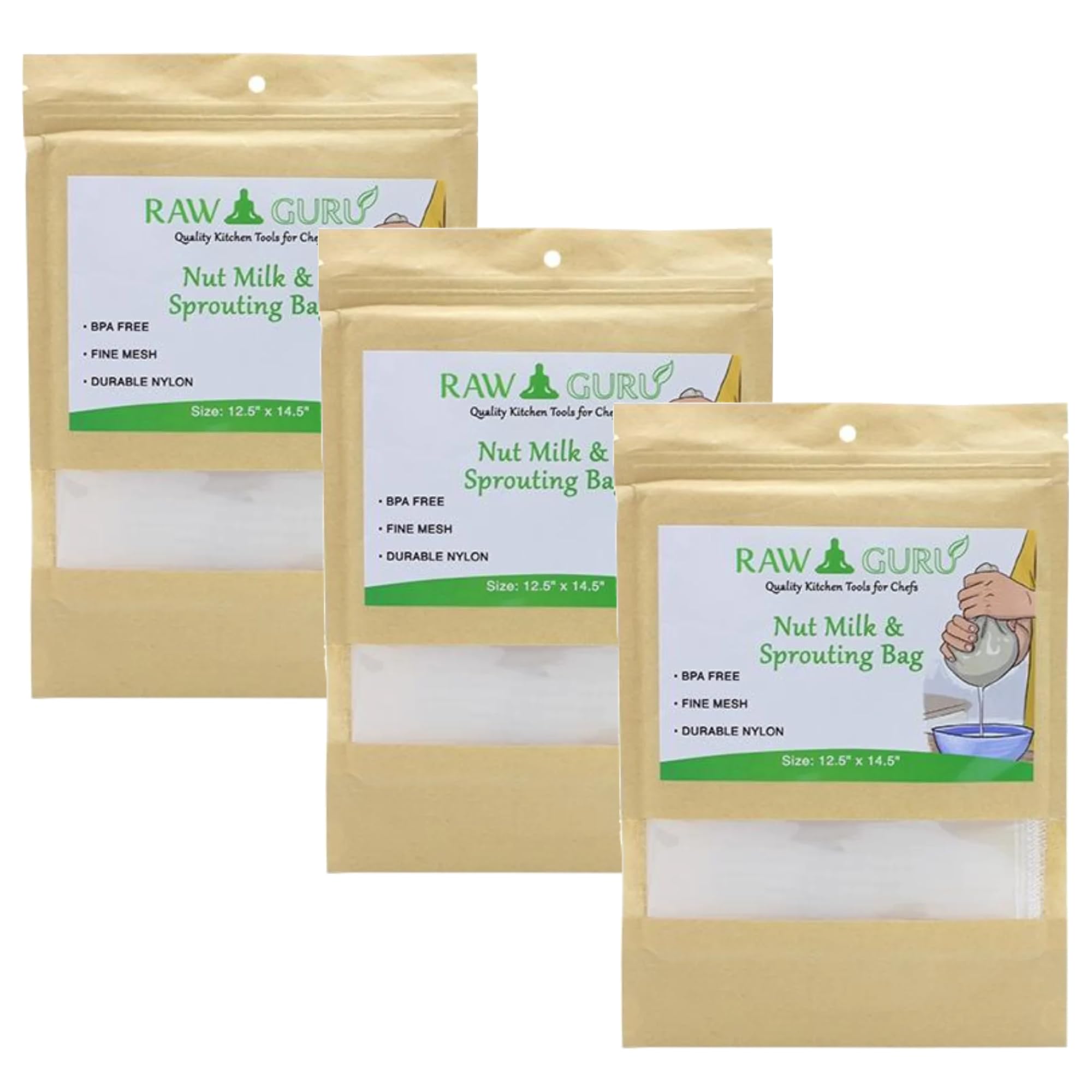 RAWGURU Nut Milk Bag (Nylon with String), 12.5" x 14.5", 3 Count, Cloth Bags for Tea/Yogurt/Juice/Wine/Soup/Herbs, Durable Washable Reusable Nut Milk Strainer