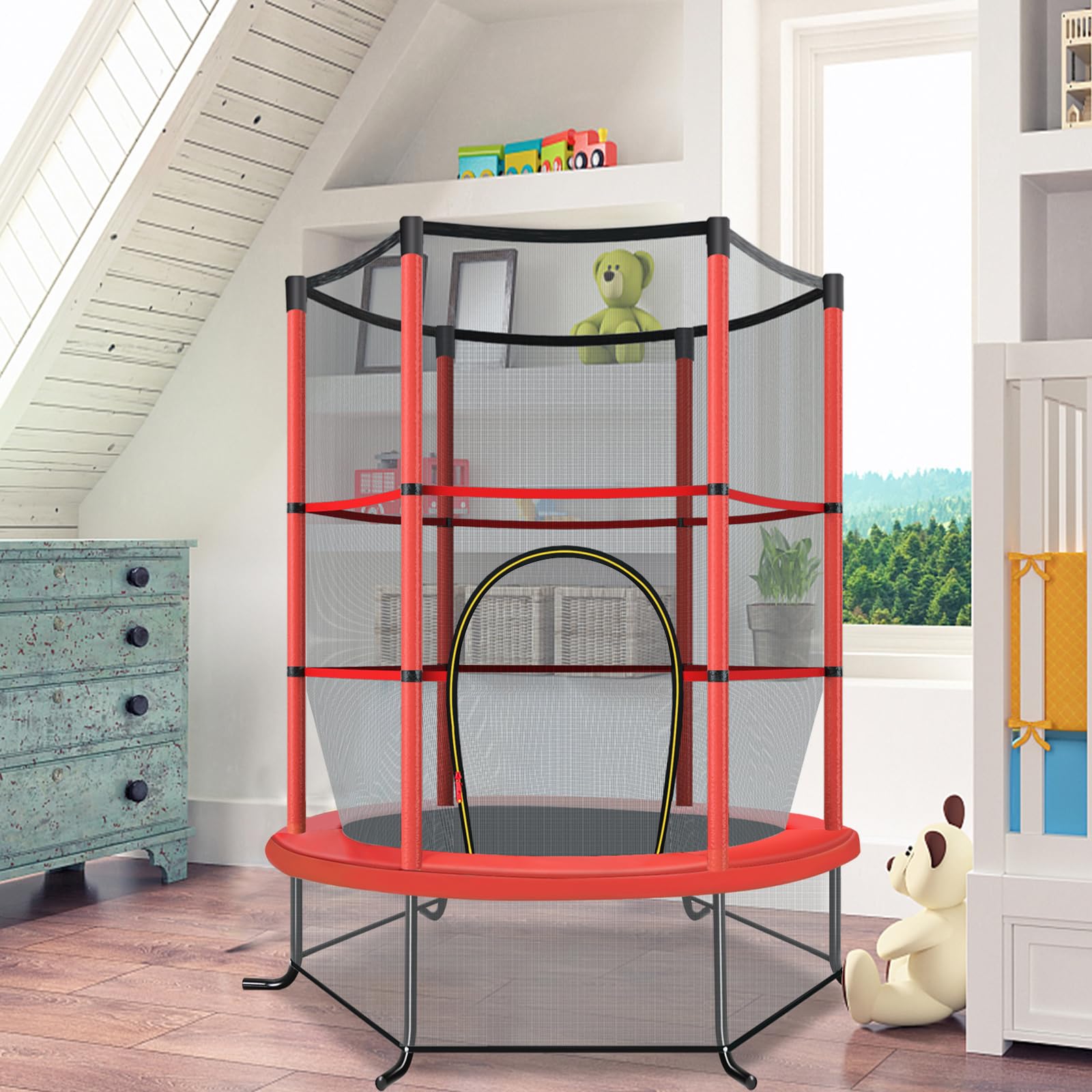 COSTWAY Cama Elastica Infantil Ø 165cm, Trampolines con Red de Seguridad y Almohadilla para Muelles para Niños de 3-6 Años, de Interior/Exterior, Carga estática 135kg