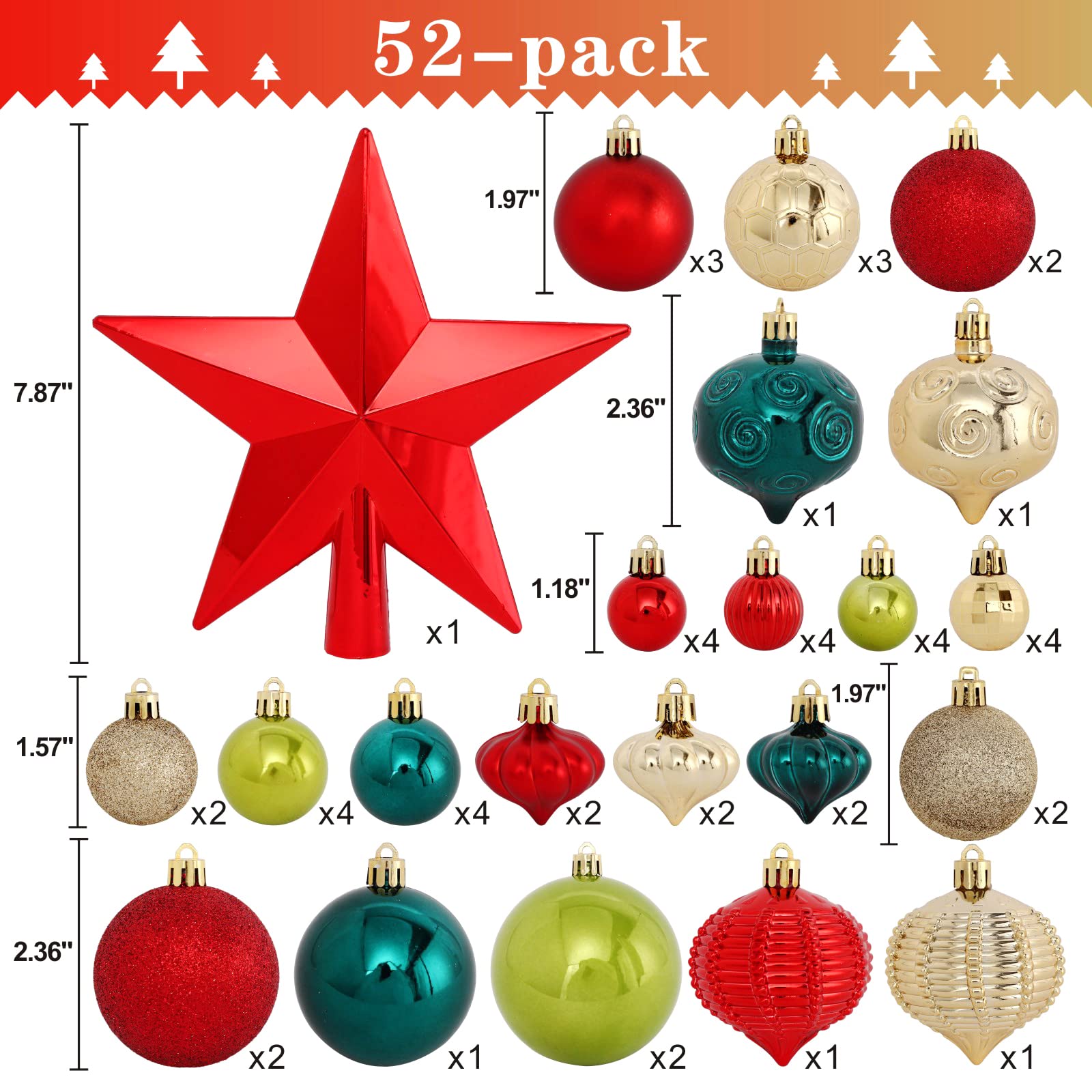 Adornos de bola de Navidad, paquete de 52 bolas de árbol de Navidad inastillables para guirnalda de corona de Navidad, decoración de fiesta de boda