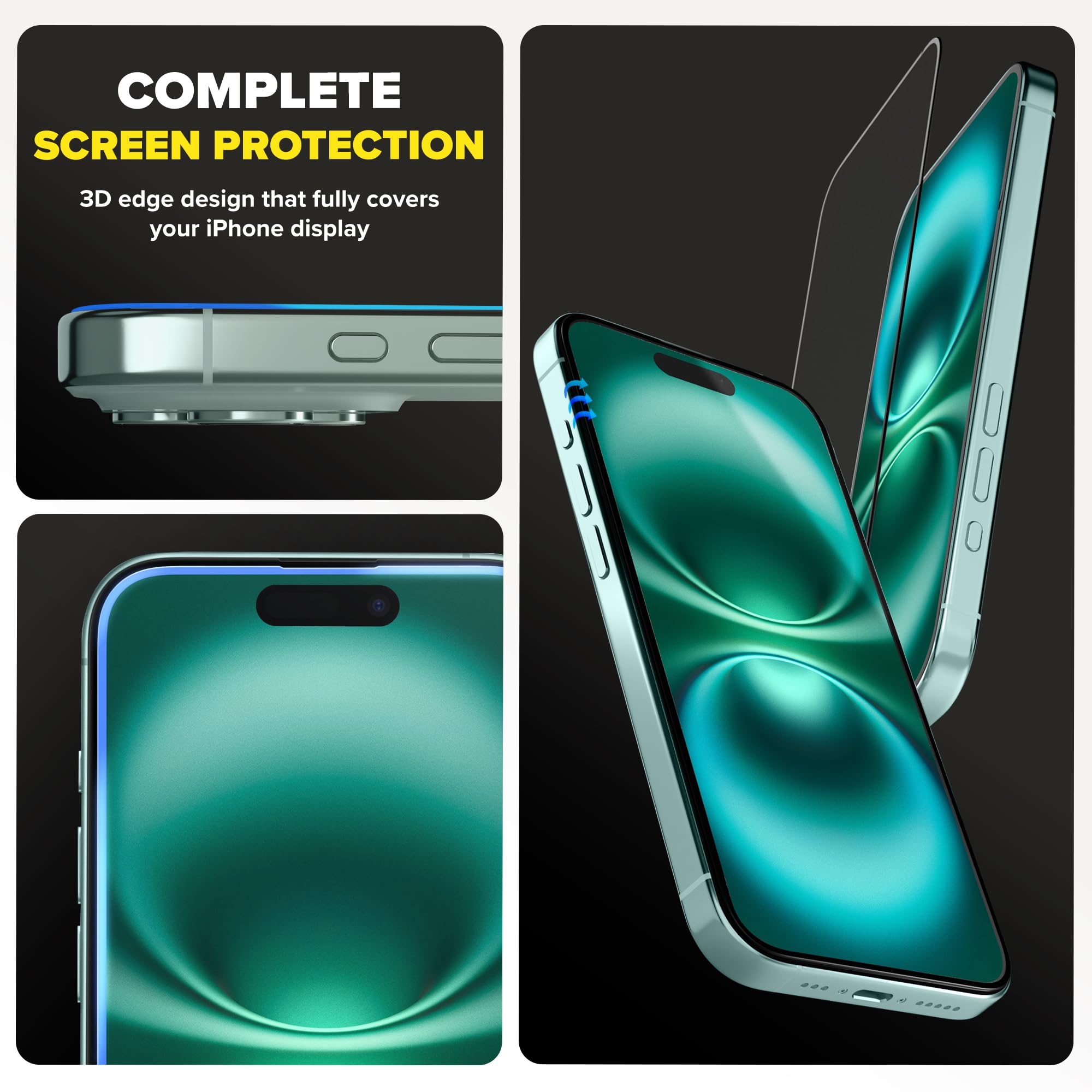Szkło ochronne kompatybilne z iPhone 15 i iPhone 16, folia ochronna, Screen Protector, szklana folia ochronna na wyświetlacz z praktyczną pomocą w instalacji, szklana folia z szabonem,