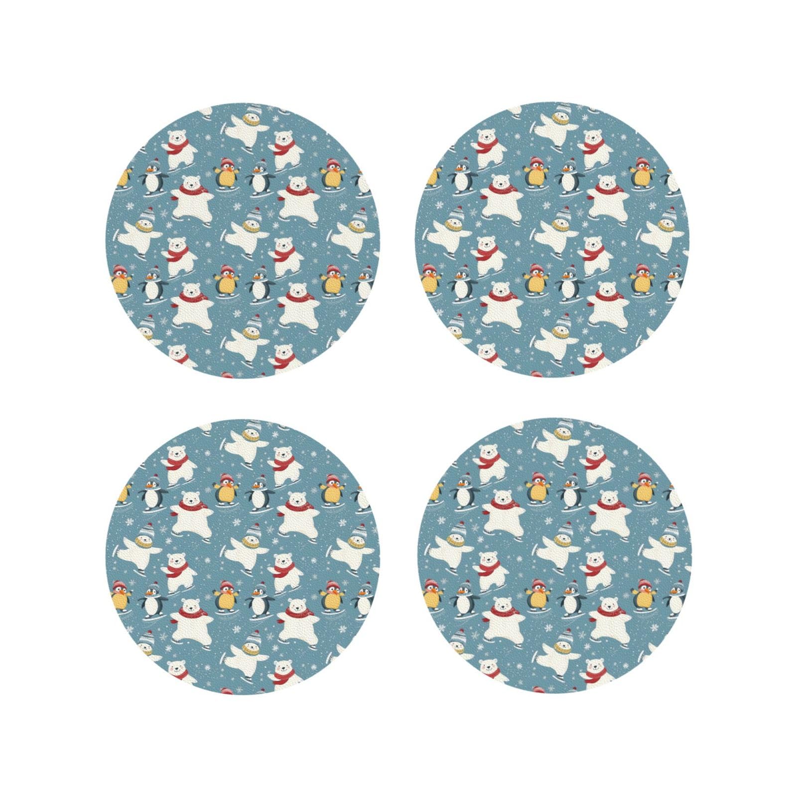 Leather Coasters Set of 4 - Bear Penguin Snowflakes Print Lightweight Drink Coasters for Desk