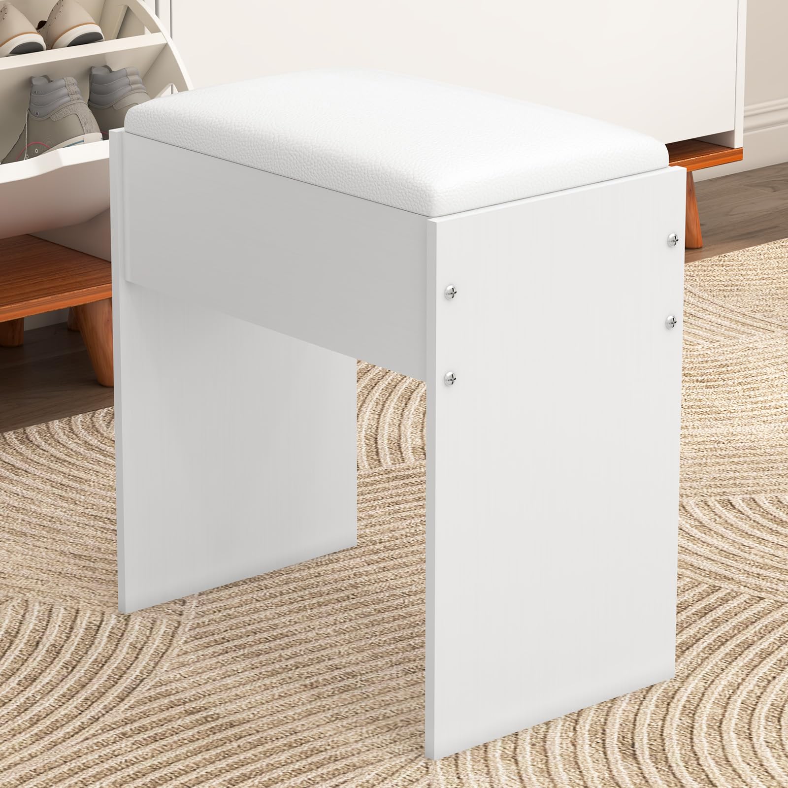 Sgabello da Toeletta Moderno in Legno, Bianco, 43 x 40 x 24 cm, per Camera da Letto