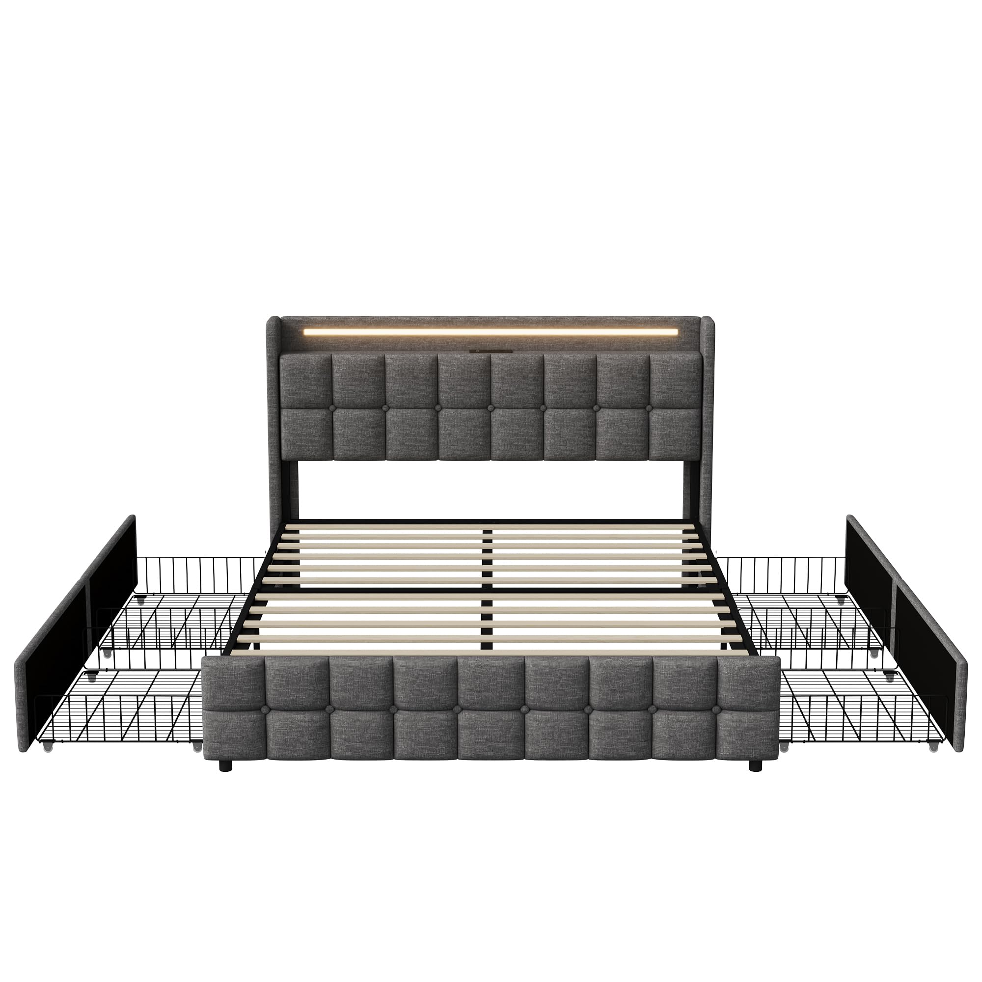 CDQL Letto imbottito 160 x 200 cm con 4 cassetti, letto matrimoniale con illuminazione a LED e porta USB, struttura del letto con rete a doghe, letto per ragazzi, letto degli ospiti, in lino, grigio