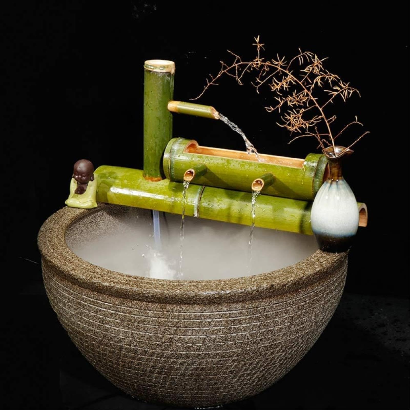 asdchZen Handmade Bamboo Fountain, Solar Garden Water Fountain, Feng Shui Zen Water Feature, Bamboo Water Landscape Ornament, Waterfall Decor, For Balcony, Lawn, Patio, Pond, 29.5,21.7in